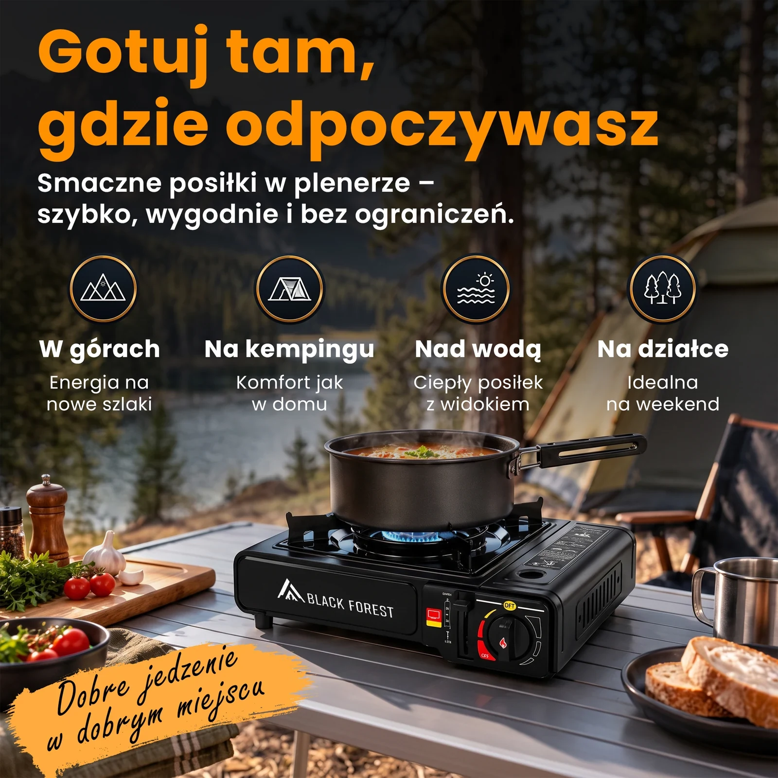 Kuchenka turystyczna na stole pod namiotem, z garnkiem nad płomieniem