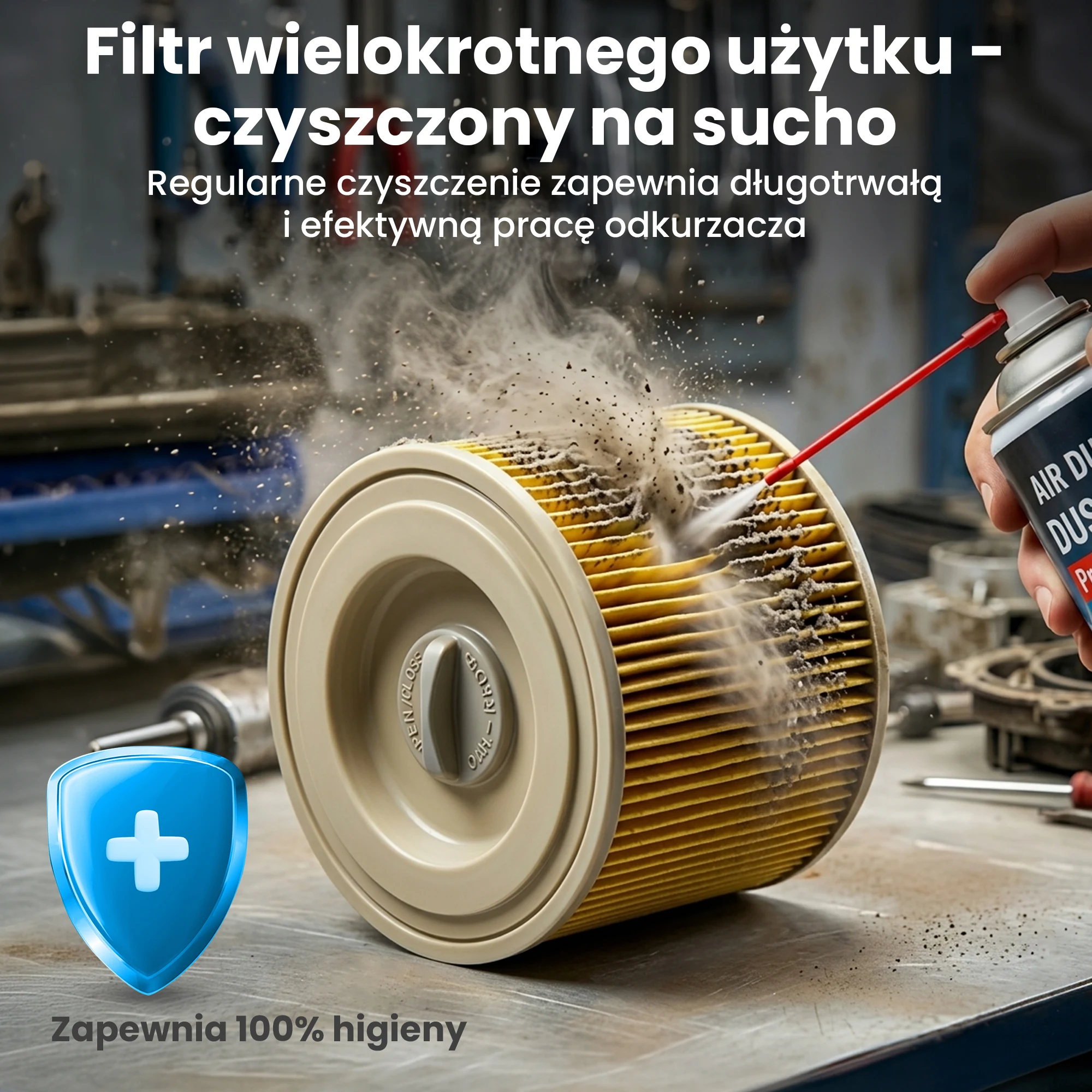Cleaning a dry pleated air filter with compressed air