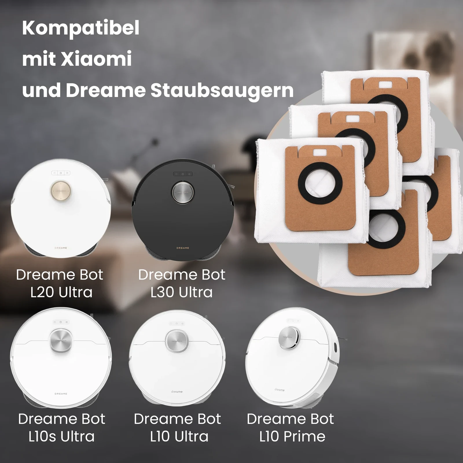 Wei&szlig;e Beutel f&uuml;r Saugroboter neben Dreame-Robotern mit wei&szlig;em und schwarzem Geh&auml;use