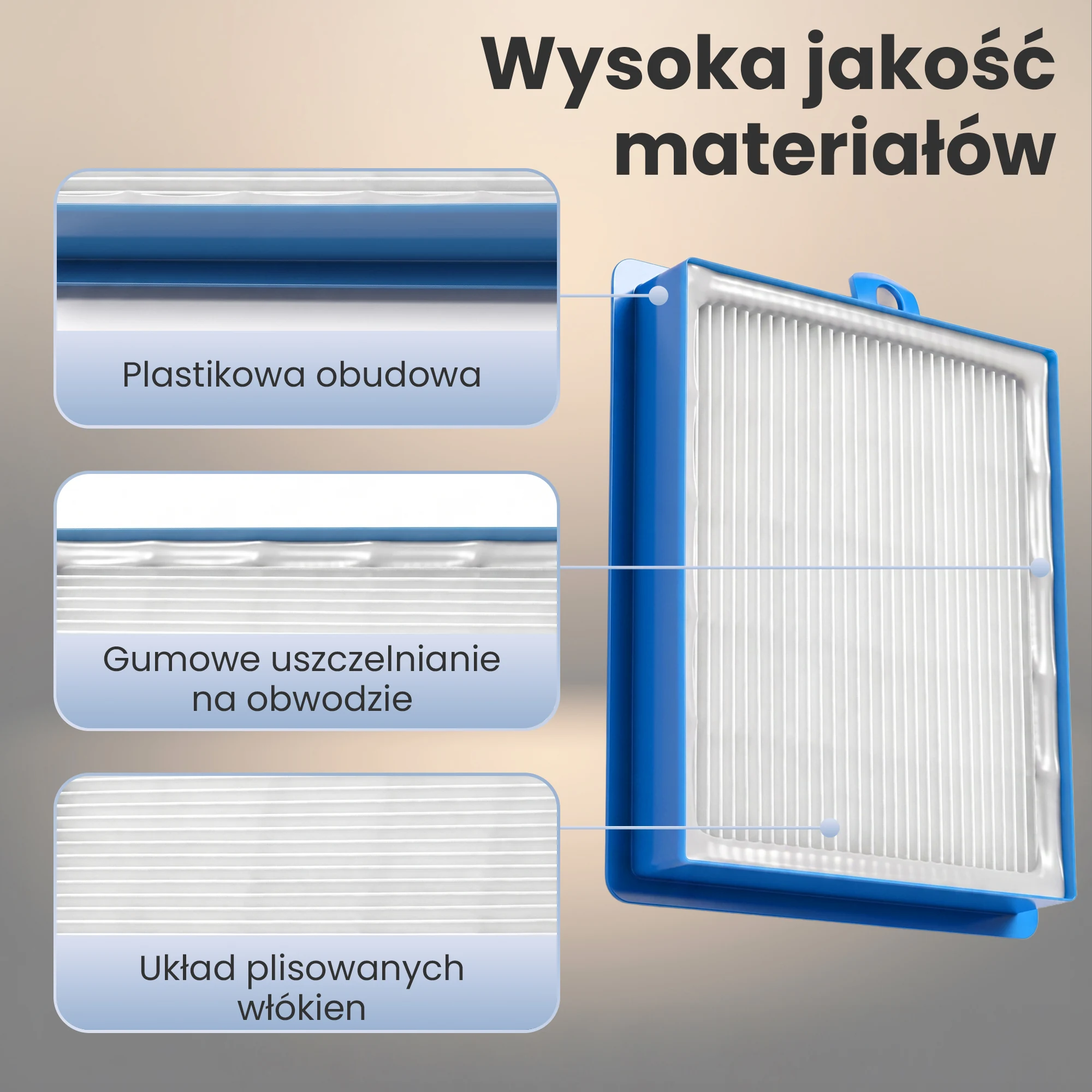 Filtr HEPA z plastikową ramką, gumowym uszczelnieniem i plisowanym wkładem