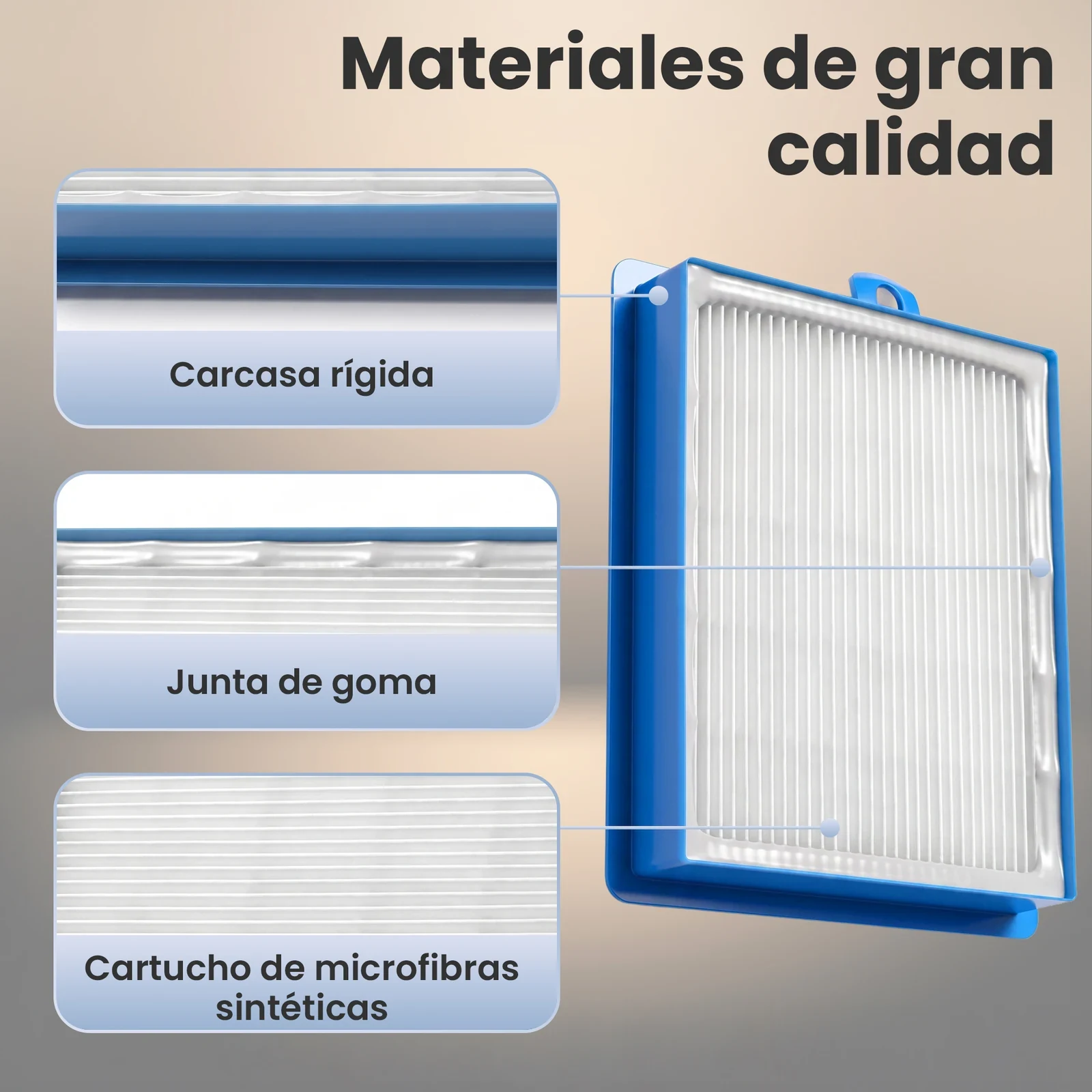 Primer plano de un filtro azul con cartucho plisado y junta