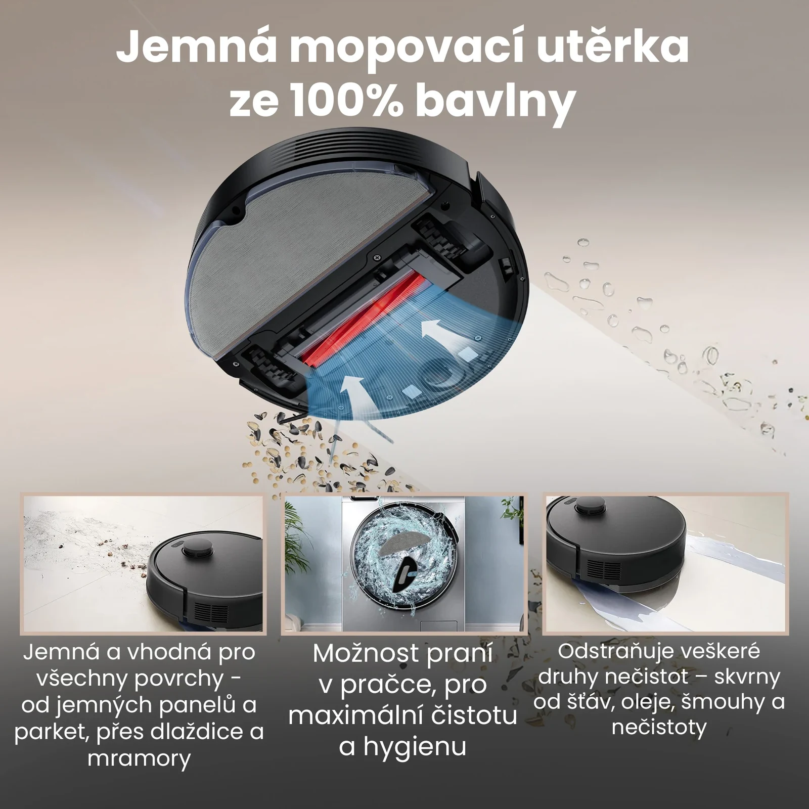 Robotick&yacute; vysavač s nasazenou mopovac&iacute; utěrkou při či&scaron;těn&iacute; podlahy