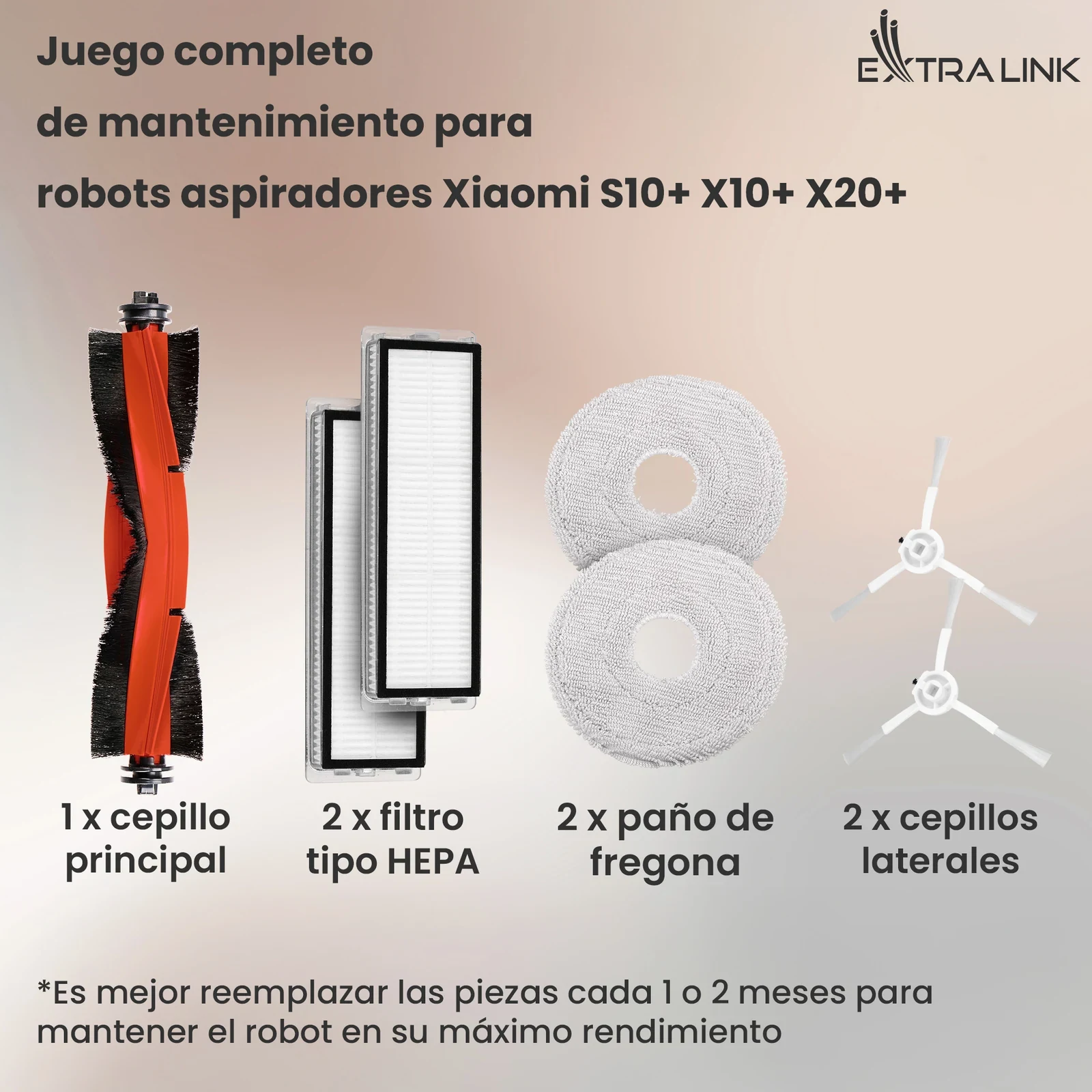 Cepillo principal, dos filtros HEPA, dos paños de fregado y dos cepillos laterales