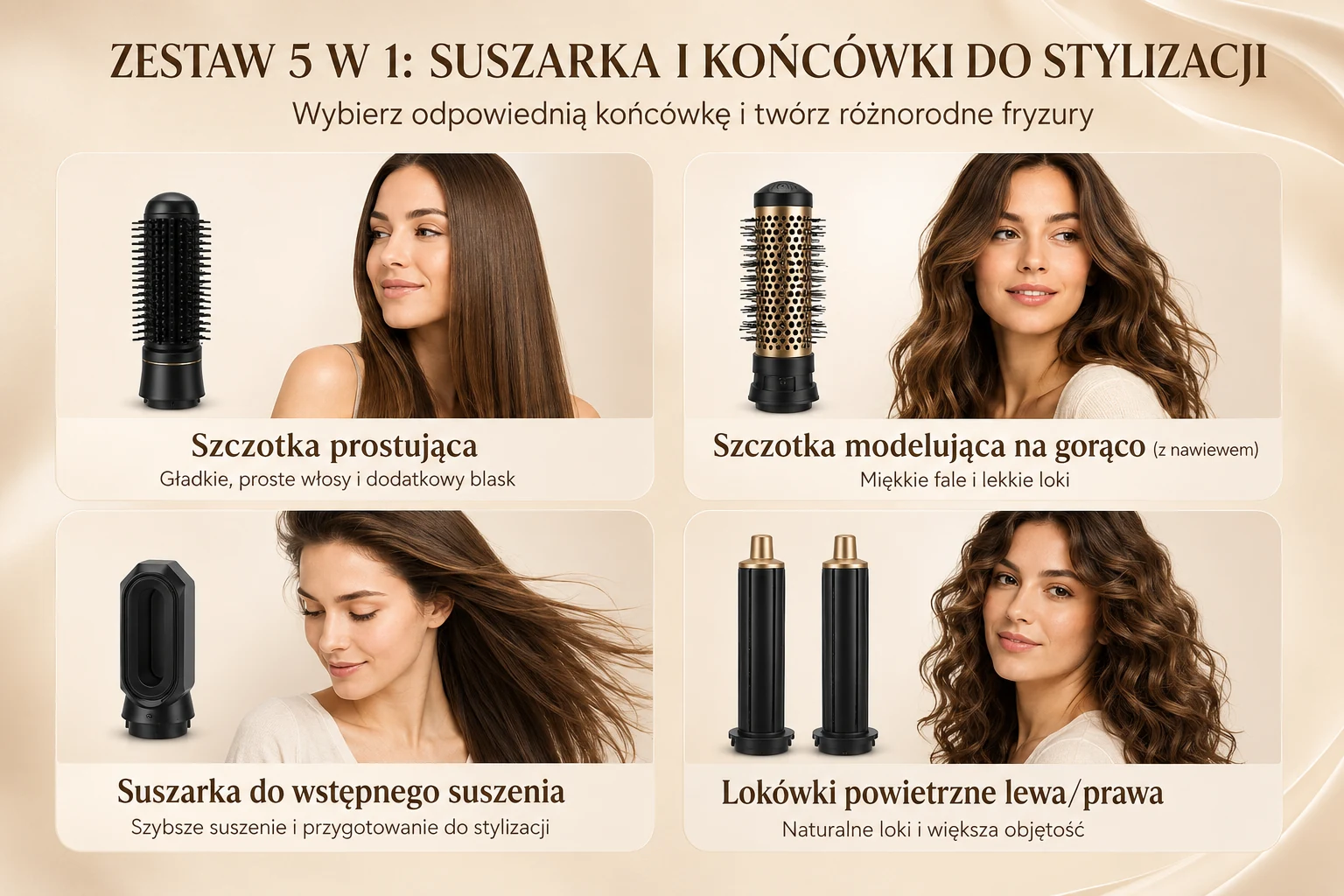 Zestaw Stay Beauty M-17934 z pięcioma nasadkami do suszenia, prostowania, fal i loków