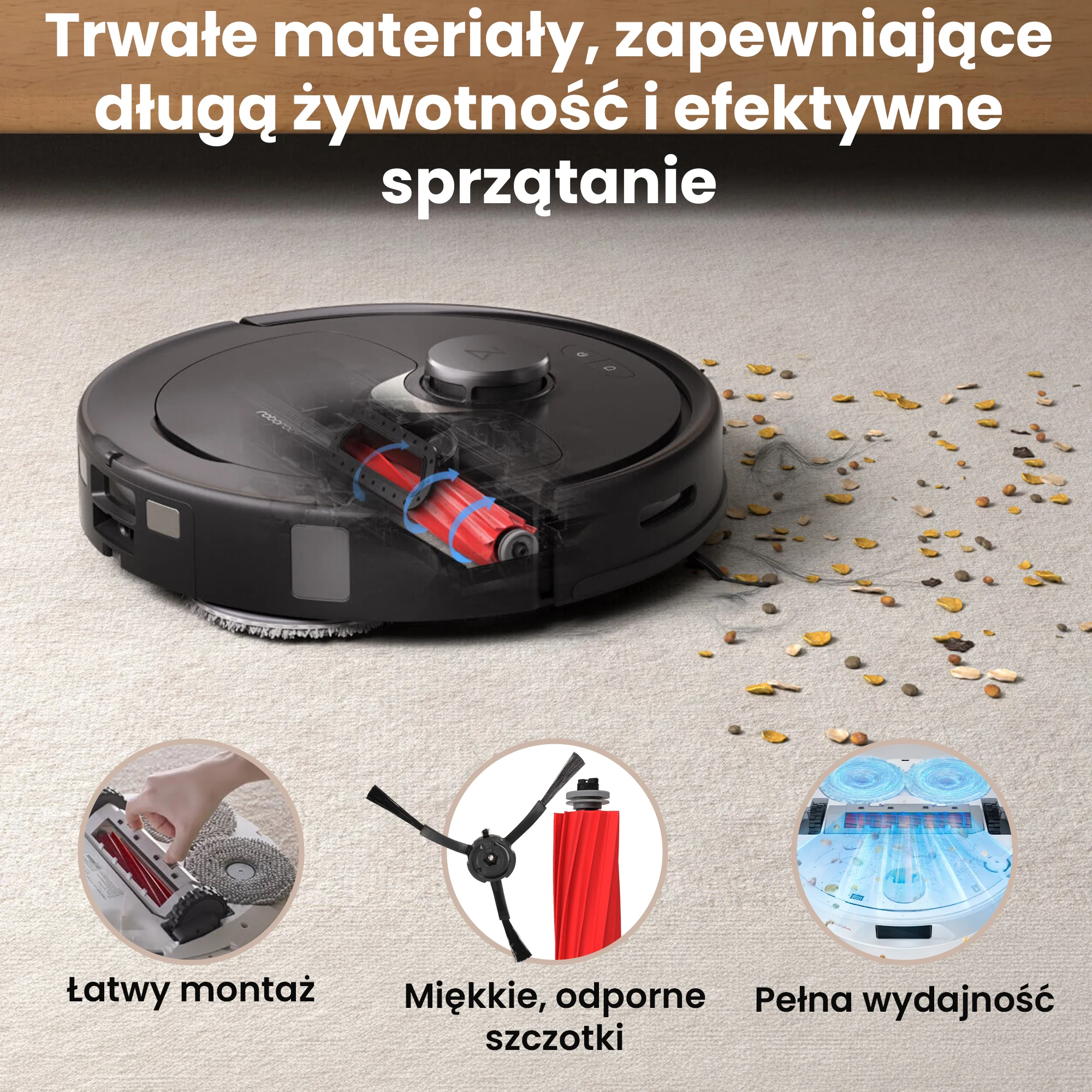 Roborock Q Revo z gumowym wałkiem zbierającym okruchy i kurz z podłogi