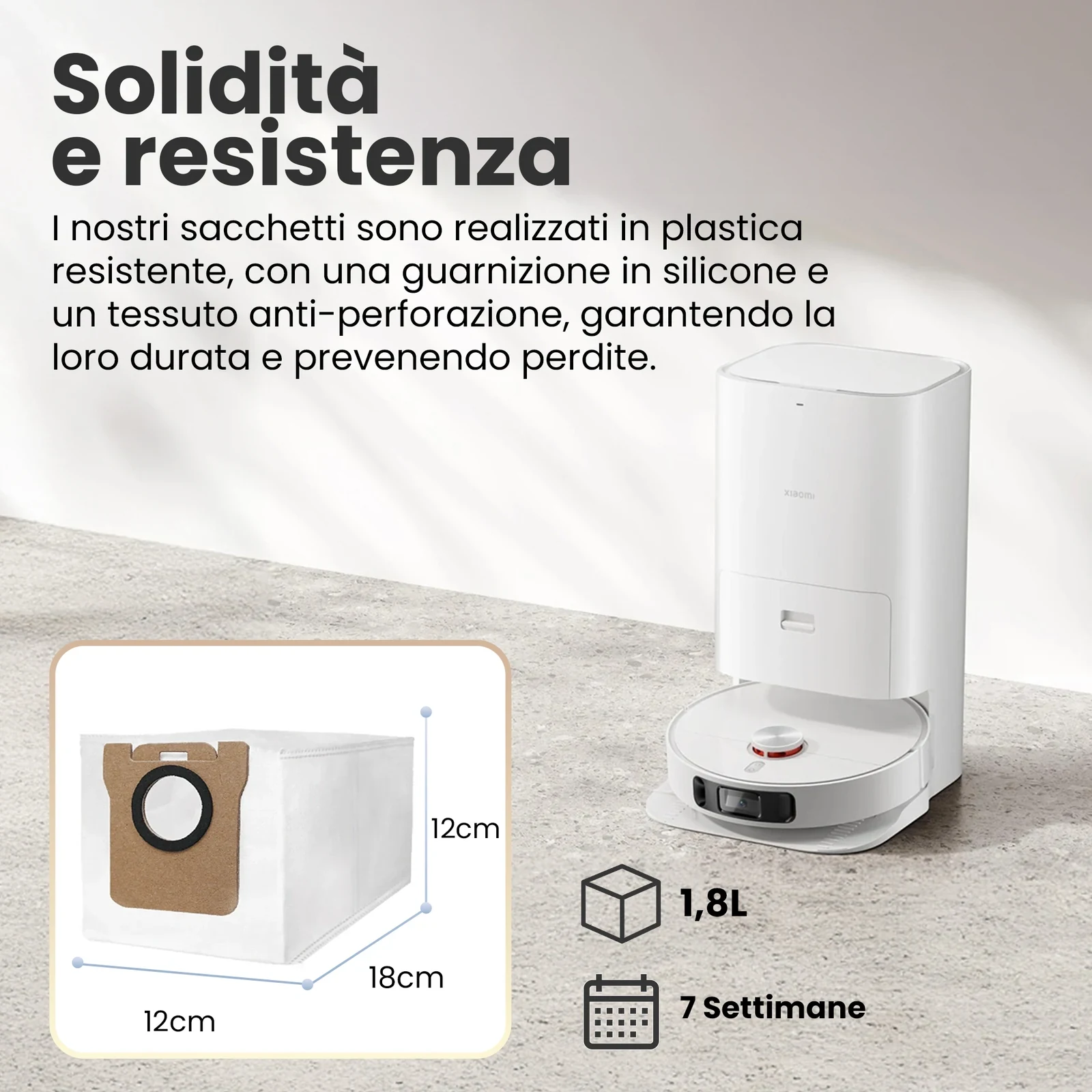 Sacchetto bianco nella stazione di ricarica del robot Xiaomi e dettaglio della sua struttura