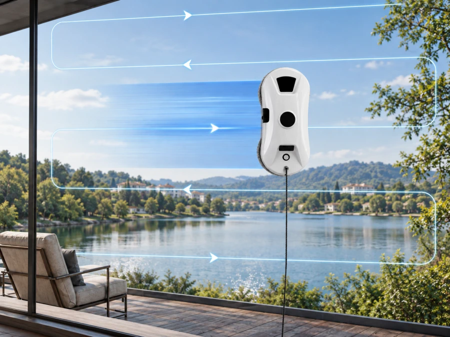 BLOW window cleaning robot with an automatic cleaning fluid dispensing function.