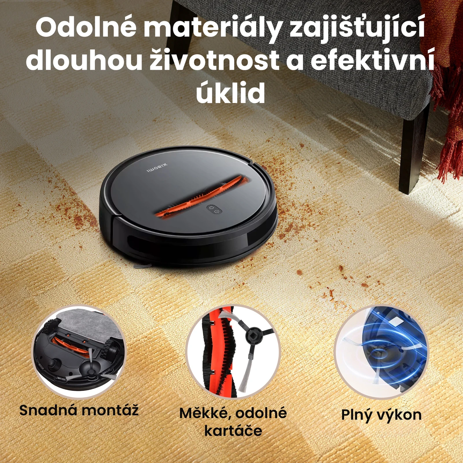 Černý robot Xiaomi uklízí nečistoty ze světlého koberce, detail hlavního kartáče