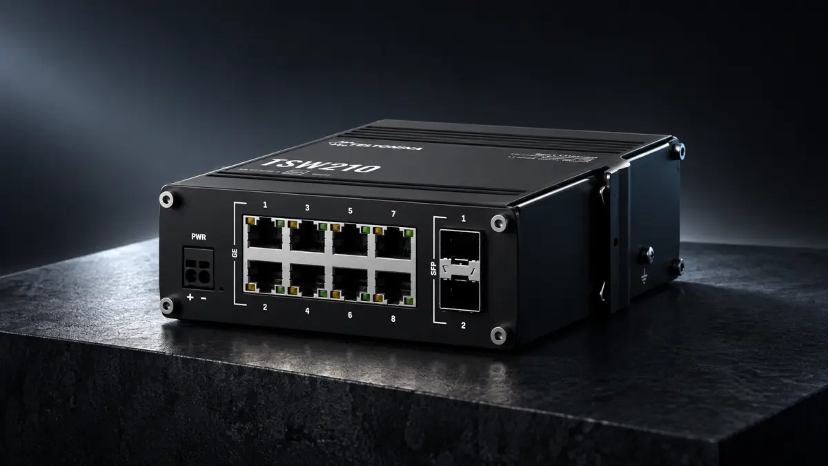 Przełącznik Teltonika TSW210 z ośmioma portami Ethernet i dwoma gniazdami SFP na ciemnym tle.