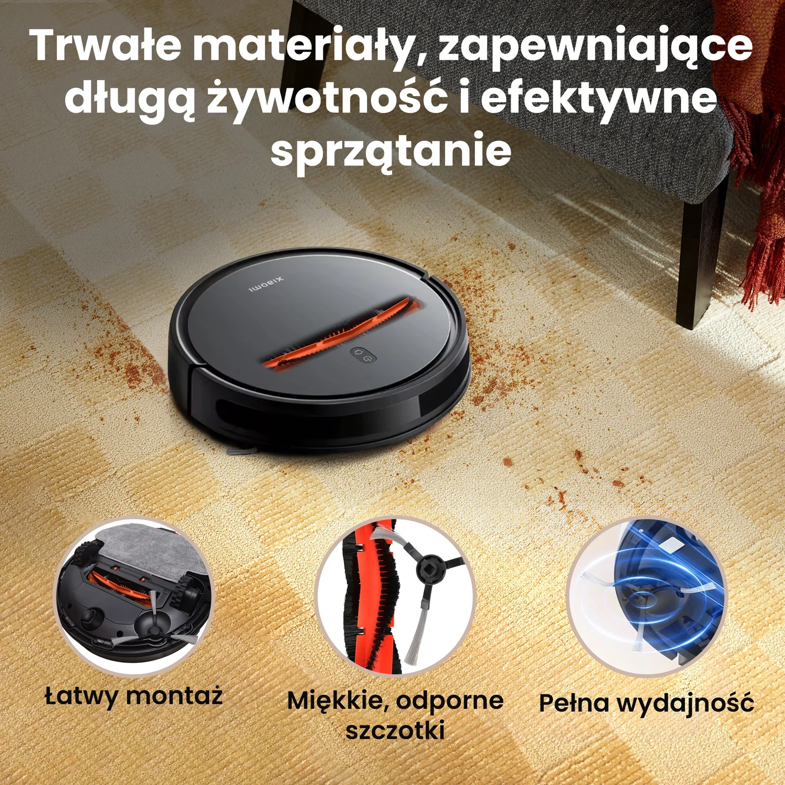 Czarny robot Xiaomi sprząta zabrudzenia z jasnego dywanu, zbliżenie na szczotkę główną