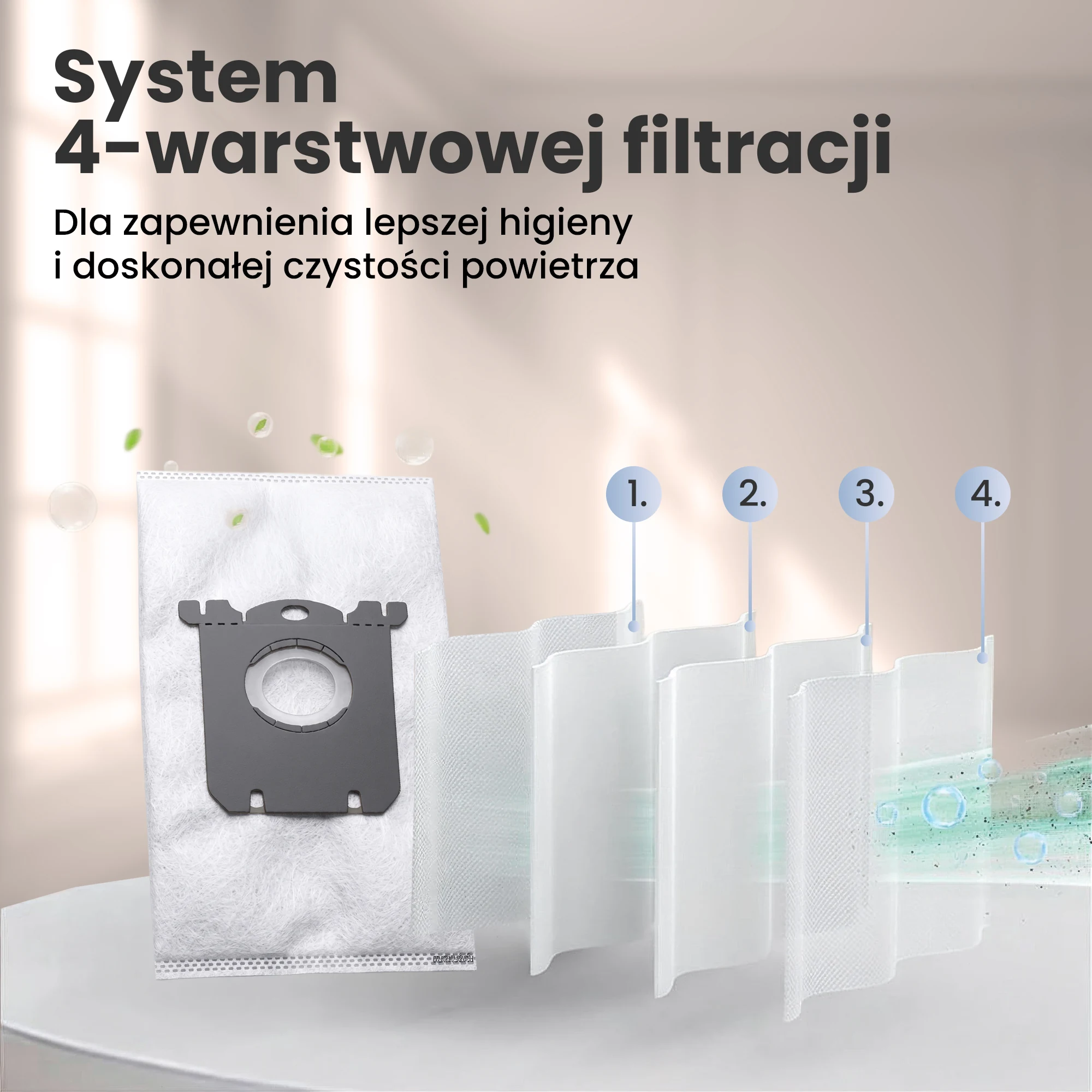 Bolsa sintética multicapa para aspiradora con sistema de cuatro capas de filtración
