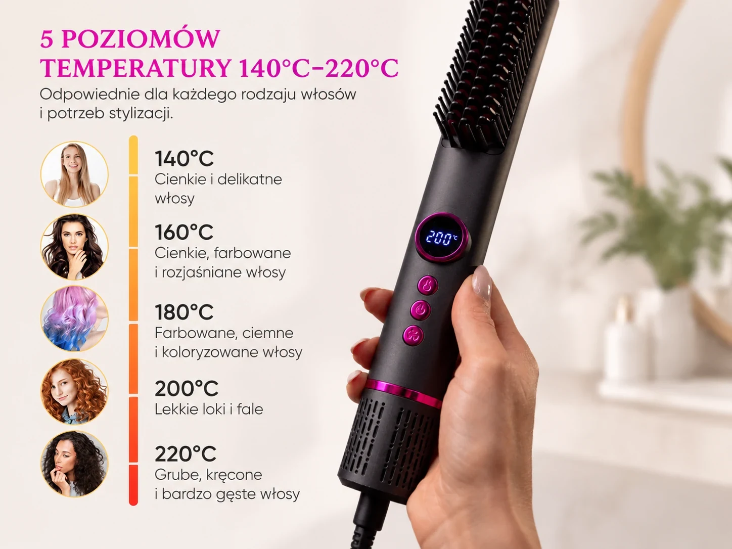 Czarna szczotka prostująca Stay Beauty z wyświetlaczem temperatury i przewodem