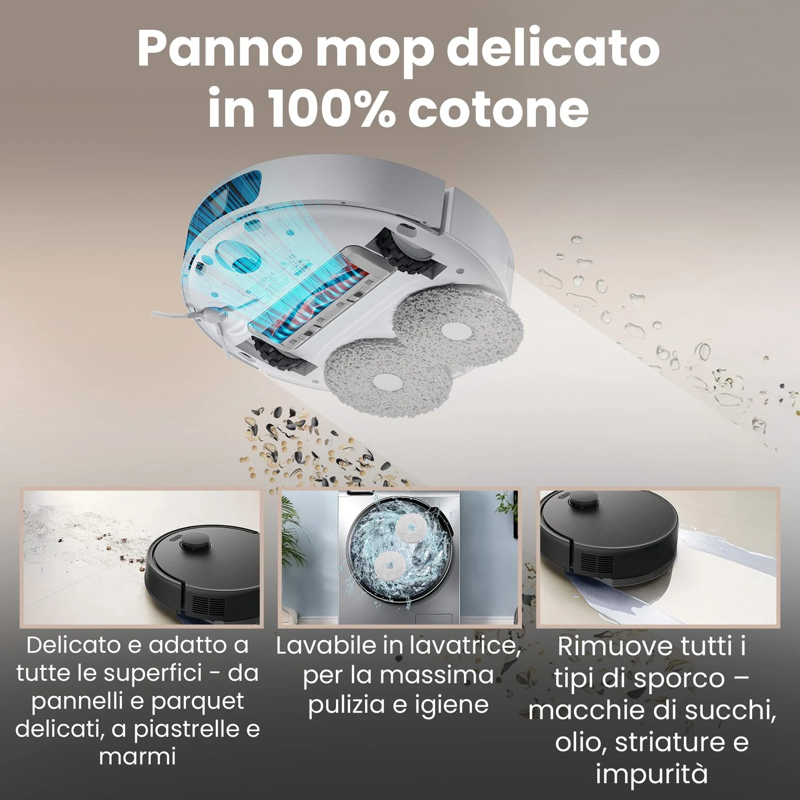 Robot aspirapolvere con due panni circolari per lavare i pavimenti nella parte inferiore