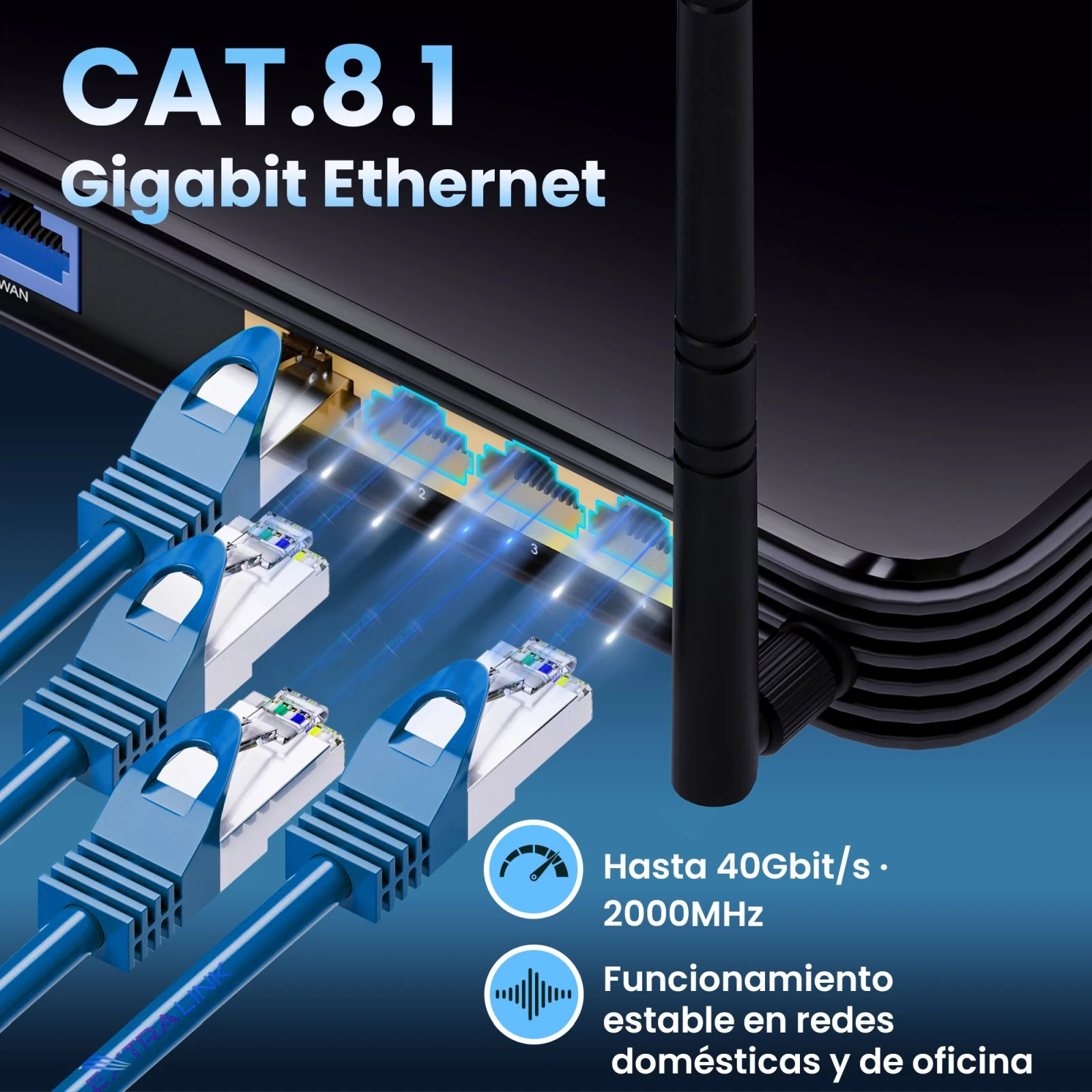 Patchcords RJ45 azules apantallados conectados a un router y a un switch de red