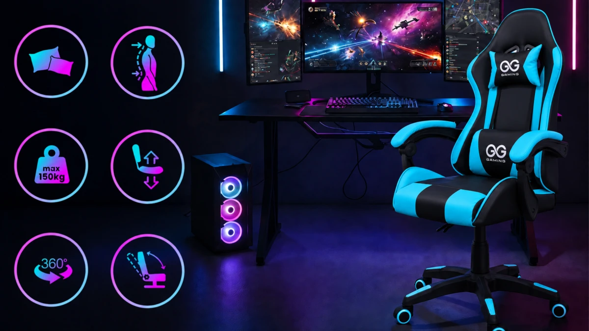 Cadeira gaming Extralink G-523 preto-azul numa estação de jogo e ícones das suas funções.