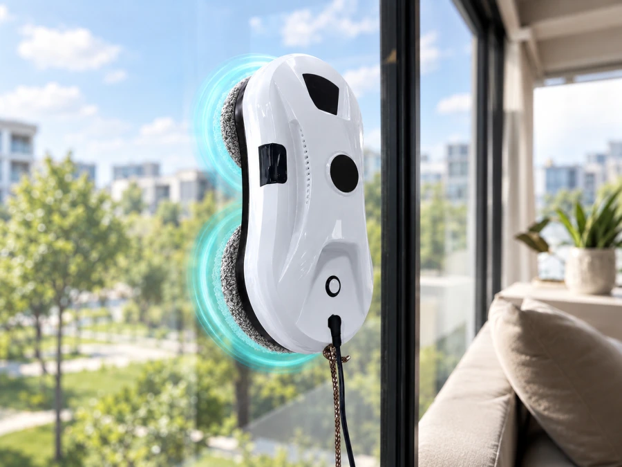 BLOW window cleaning robot automatically cleaning a large window.
