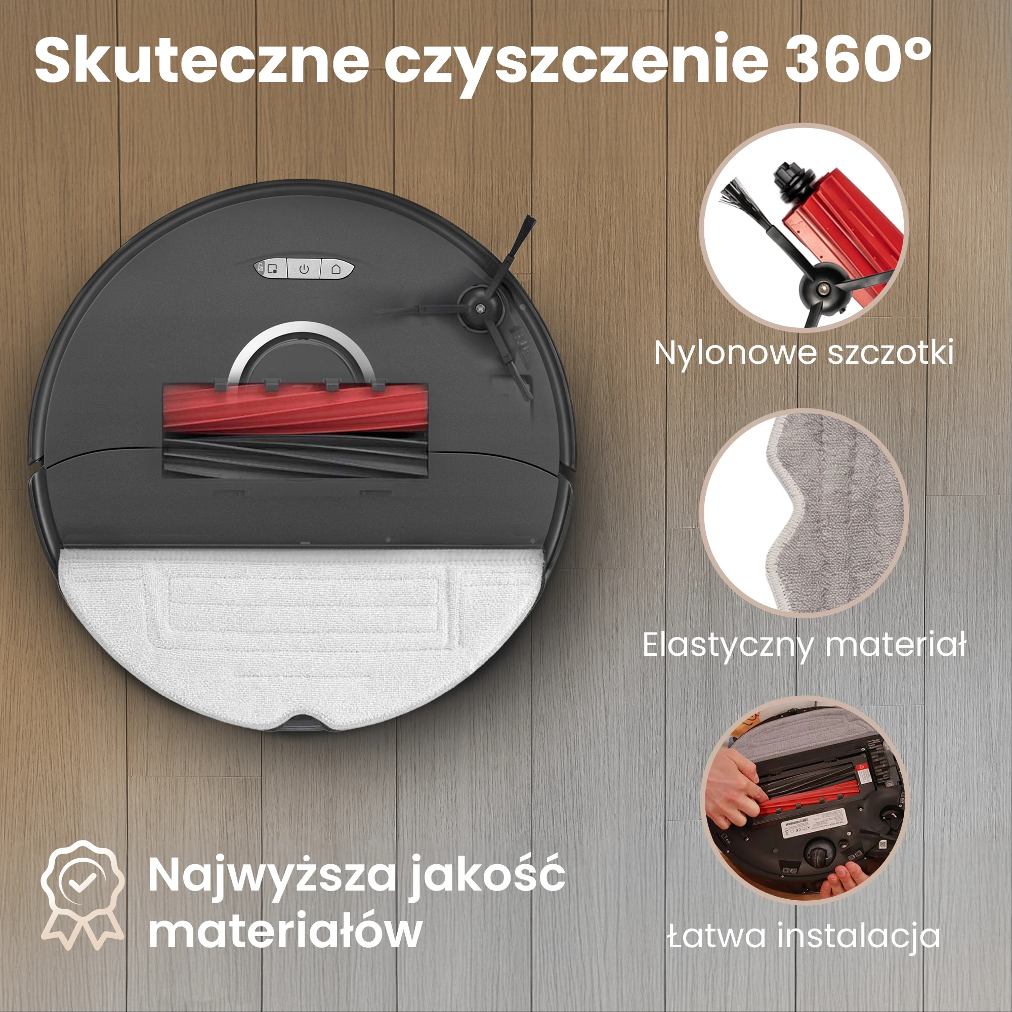 Robot Roborock z zamontowanymi szczotkami DuoRoller i szczotką boczną do sprzątania podłogi