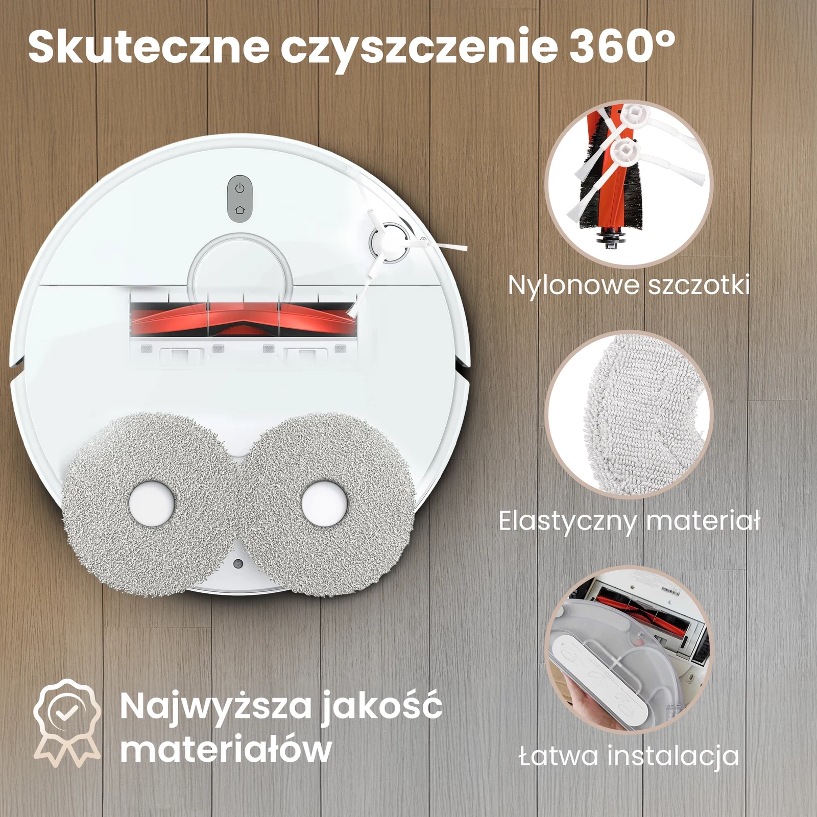 Robot sprzątający od spodu z zamontowanymi szczotkami i dwiema okrągłymi ściereczkami mopującymi