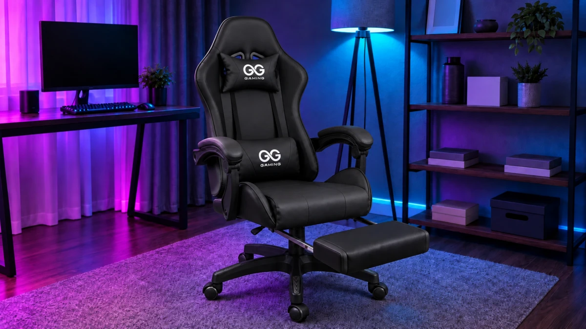 Czarny fotel gamingowy Extralink G-524 w aranżacji stanowiska gamingowego.