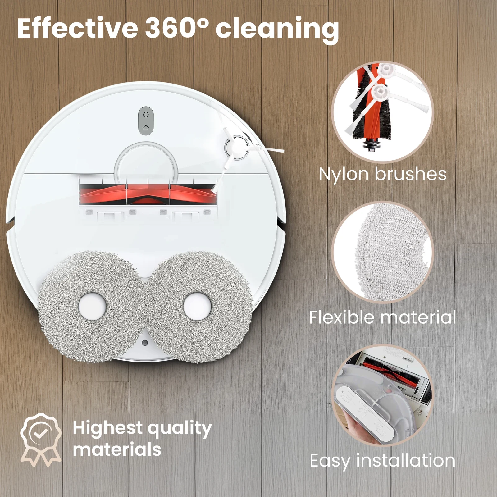 Robot vacuum cleaner viewed from underneath with brushes and two round mop cloths fitted