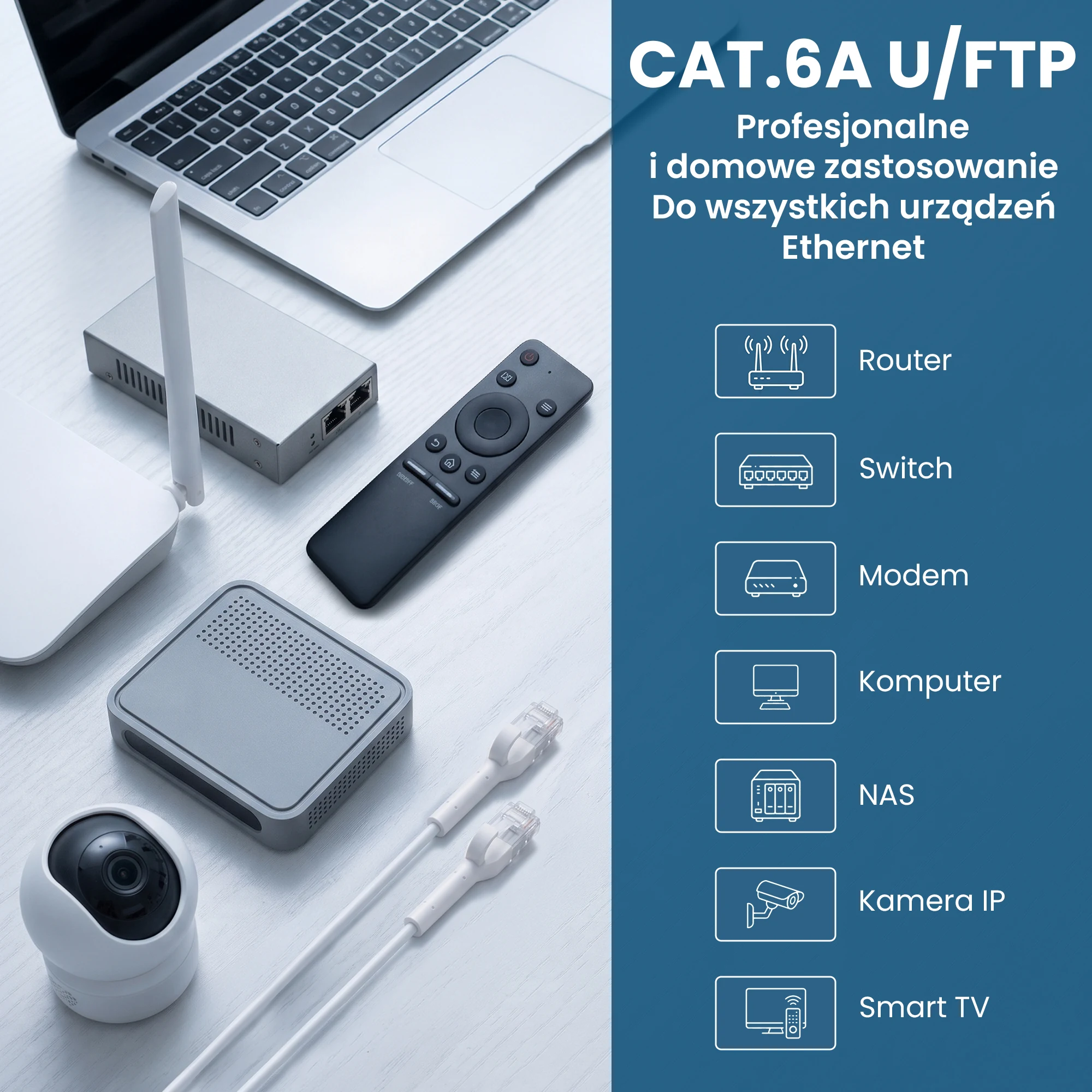 Biały patchcord Extralink łączy router, switch, modem, komputer, NAS, kamerę IP i Smart TV