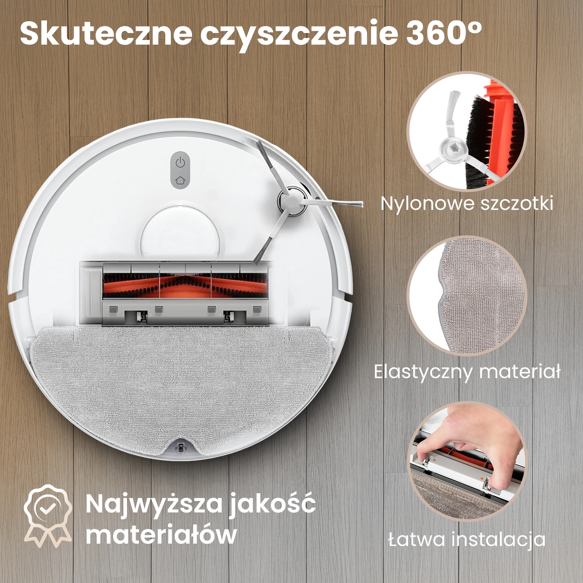 Robot Xiaomi z zamontowaną szczotką główną, szczotką boczną i nakładką mopującą