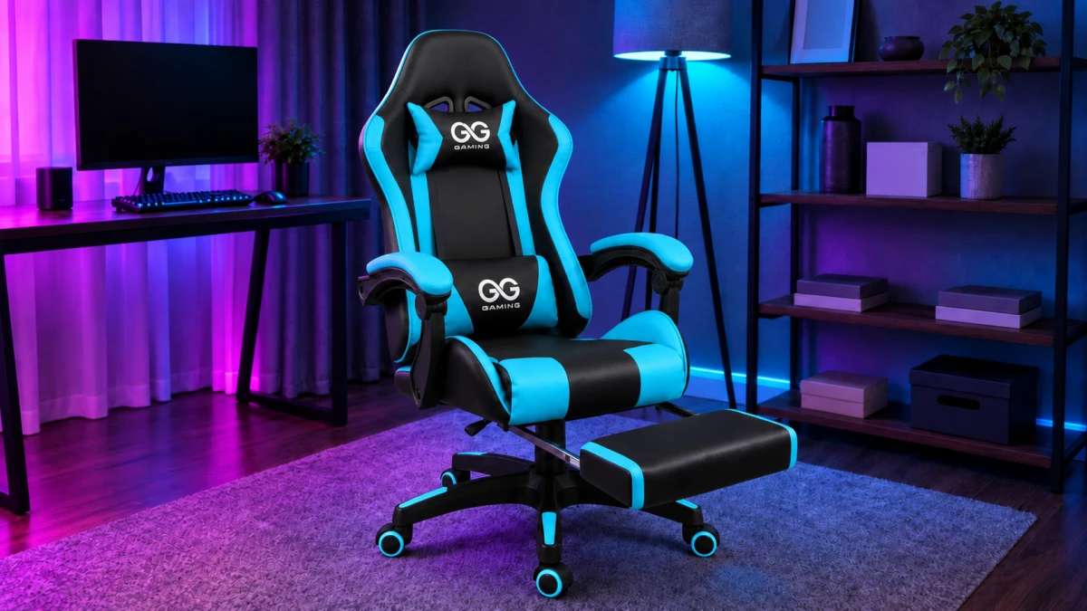 Cadeira gaming Extralink G-523 preto-azul com o descanso para os pés aberto.