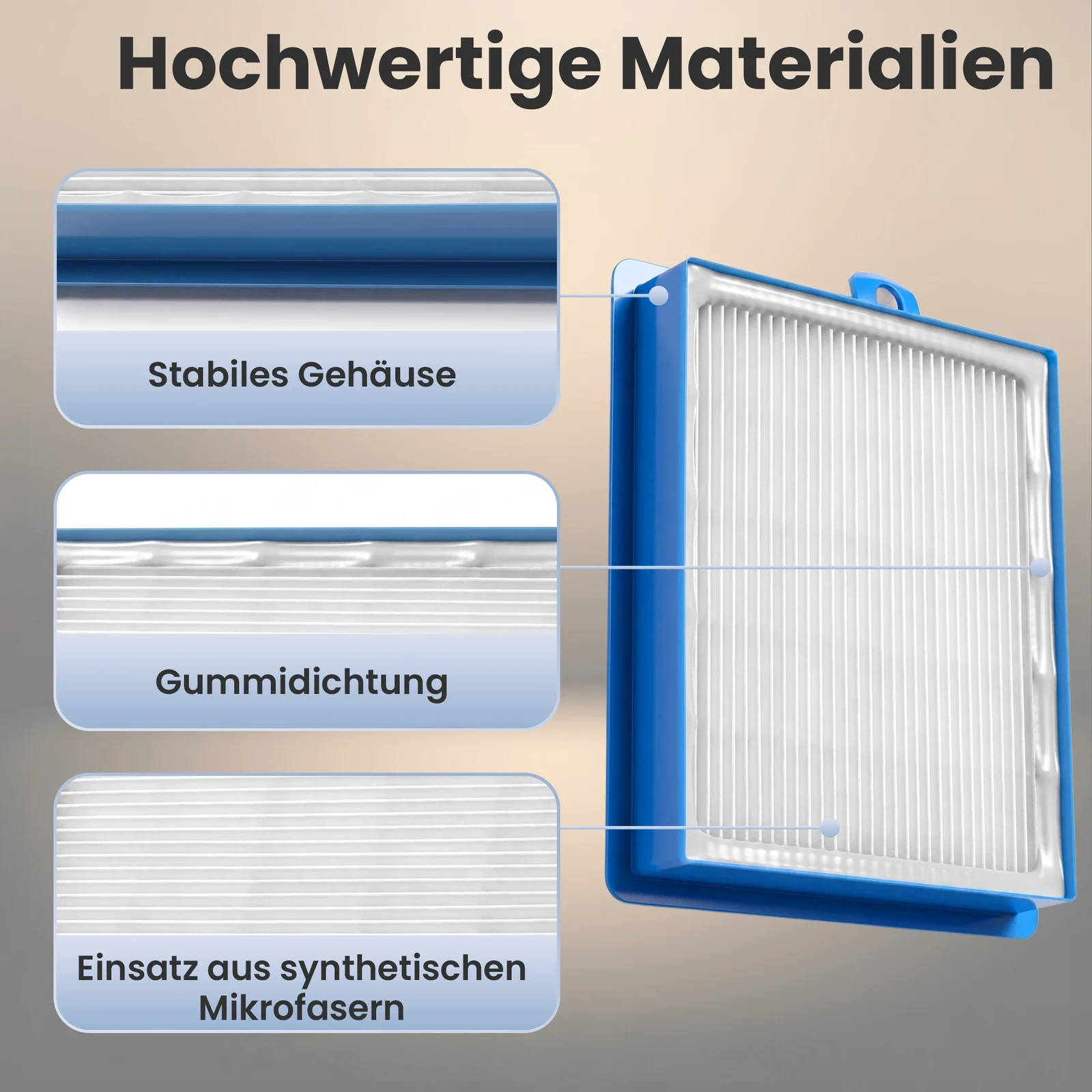 Nahaufnahme eines blauen Filters mit gefaltetem Einsatz und Dichtung