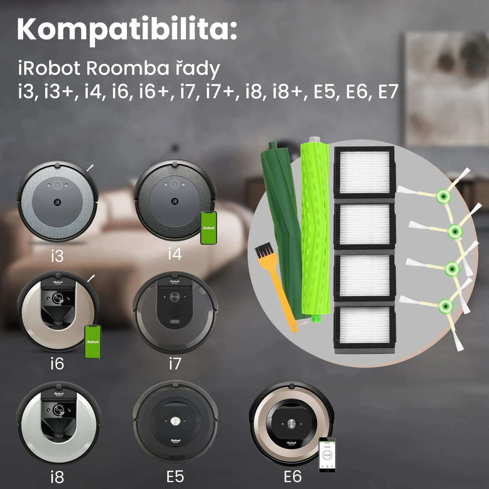 Roboty iRobot Roomba a sada kartáčů, filtrů a gumových válečků