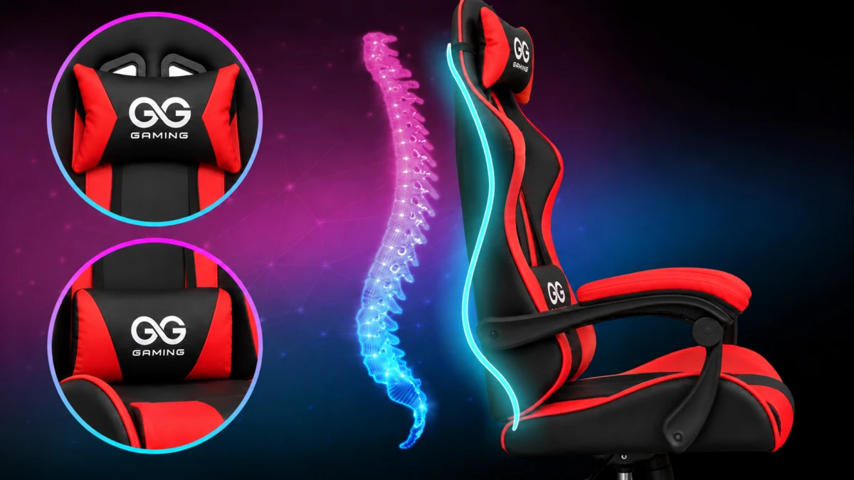 Czarno-czerwony fotel gamingowy Extralink G-522 z zaznaczonymi strefami ergonomicznego wsparcia kręgosłupa.