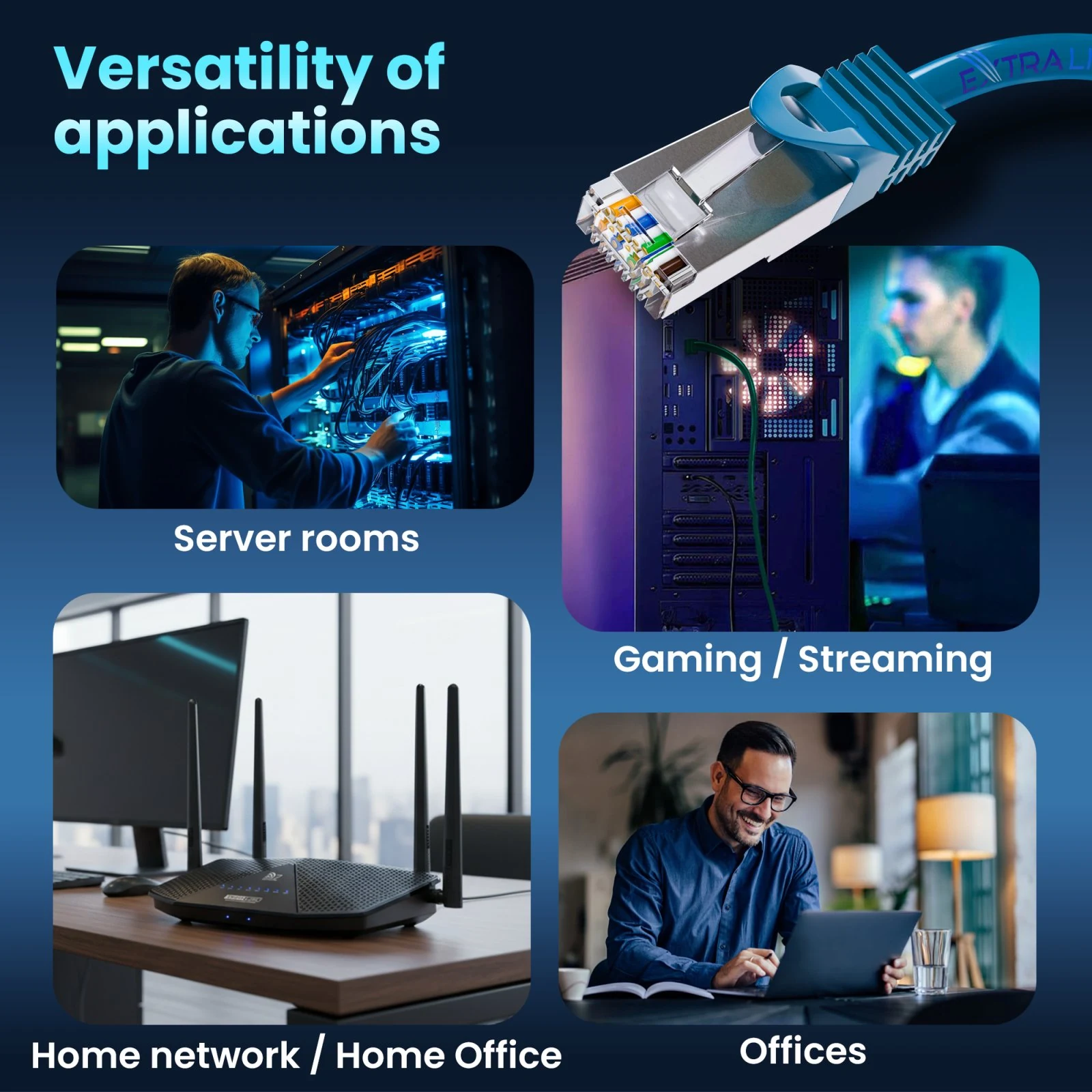 Blue patch cord by a server, computer, router and office workstation