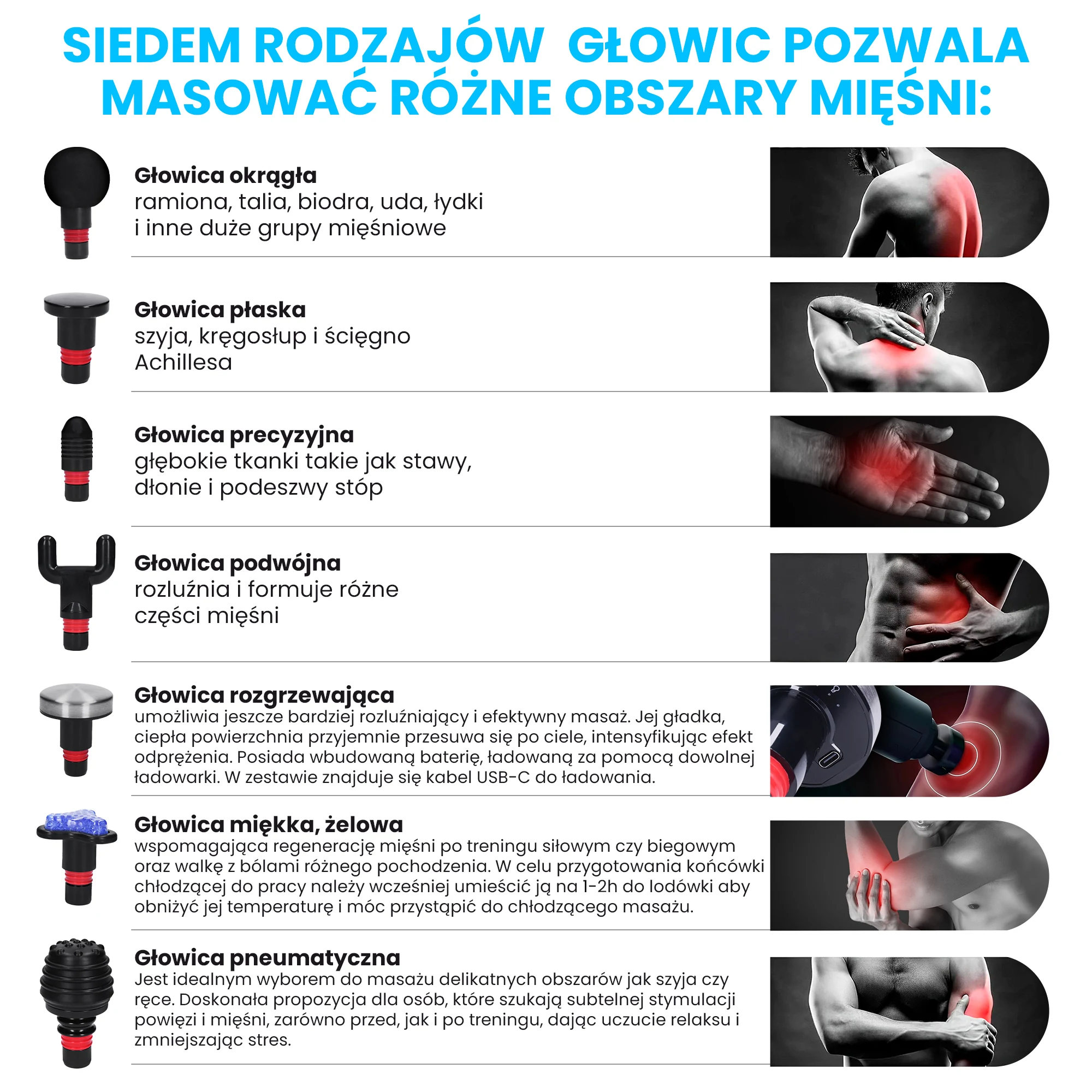 Siedem czarnych głowic masujących Extralink o różnych kształtach