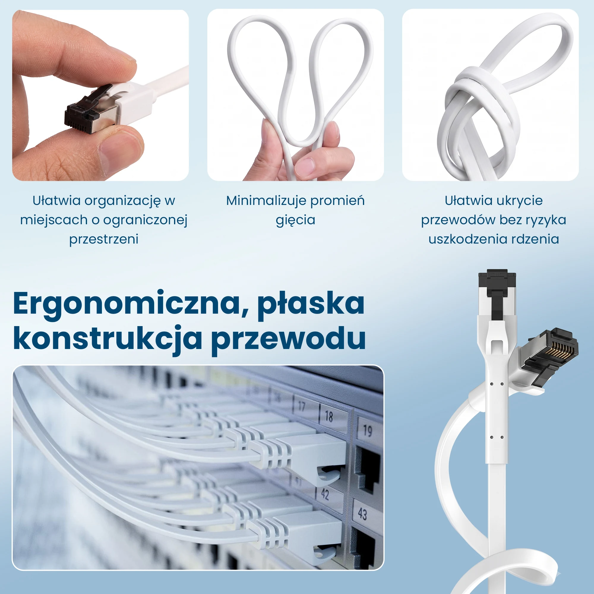 RJ45 u&ccedil;lu beyaz d&uuml;z ağ kablosu, b&uuml;k&uuml;lm&uuml;ş ve dar bir alanda y&ouml;nlendirilmiş