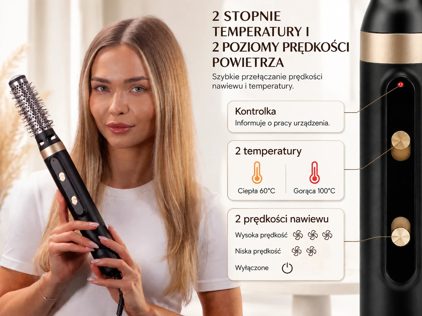 Kobieta trzyma czarną lok&oacute;wko-suszarkę z okrągłą szczotką