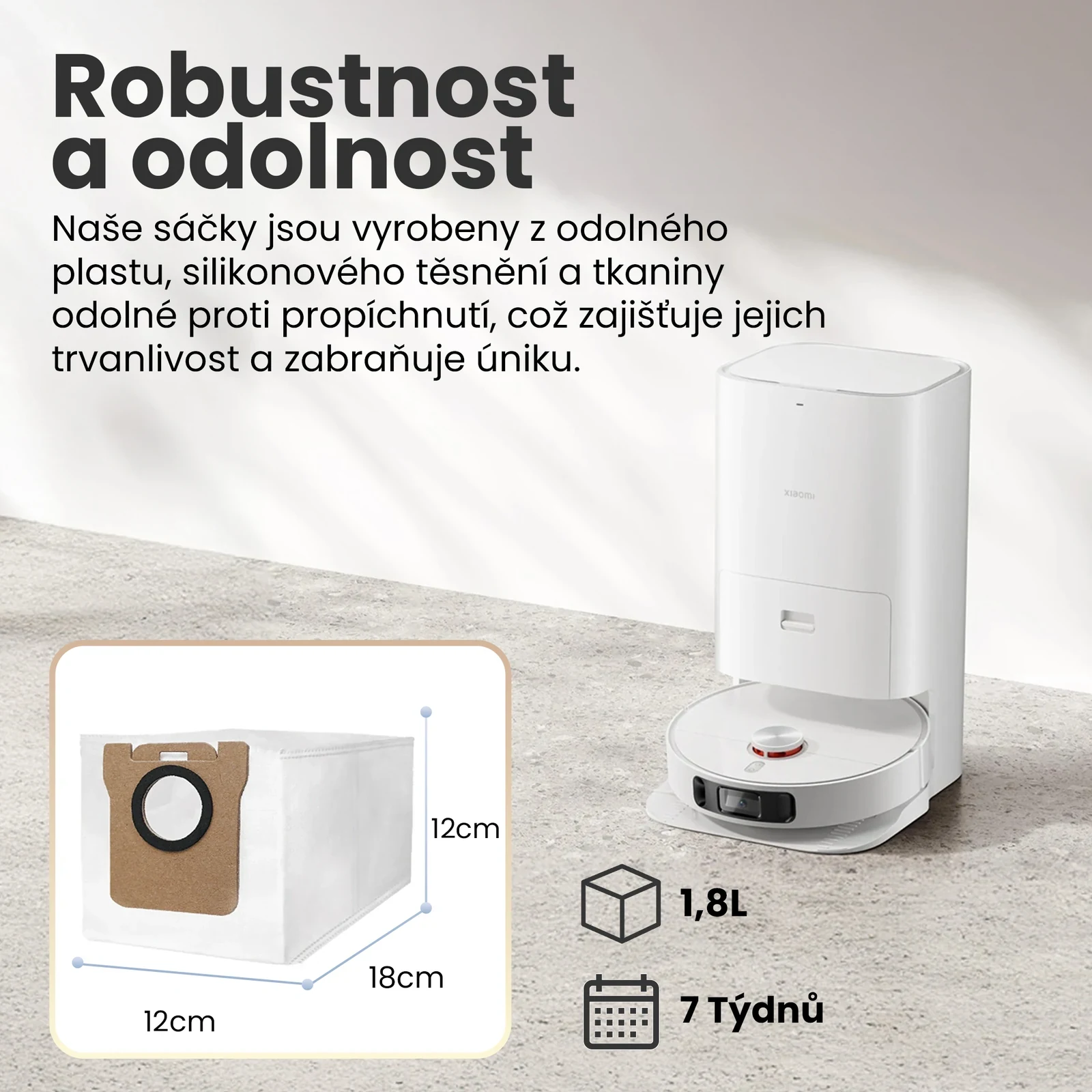 Bílý sáček v dokovací stanici robota Xiaomi a detail jeho konstrukce