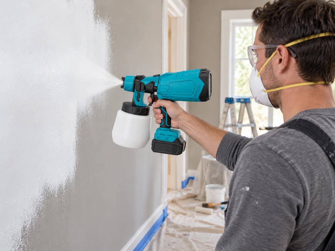 Cordless spray gun spraying paint onto a surface.