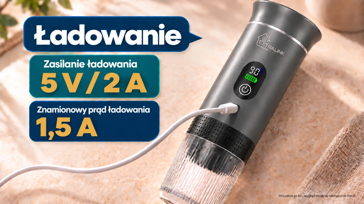 Macchina da caffè grigia Extralink Espresso2Go dotata di porta di ricarica USB-C.