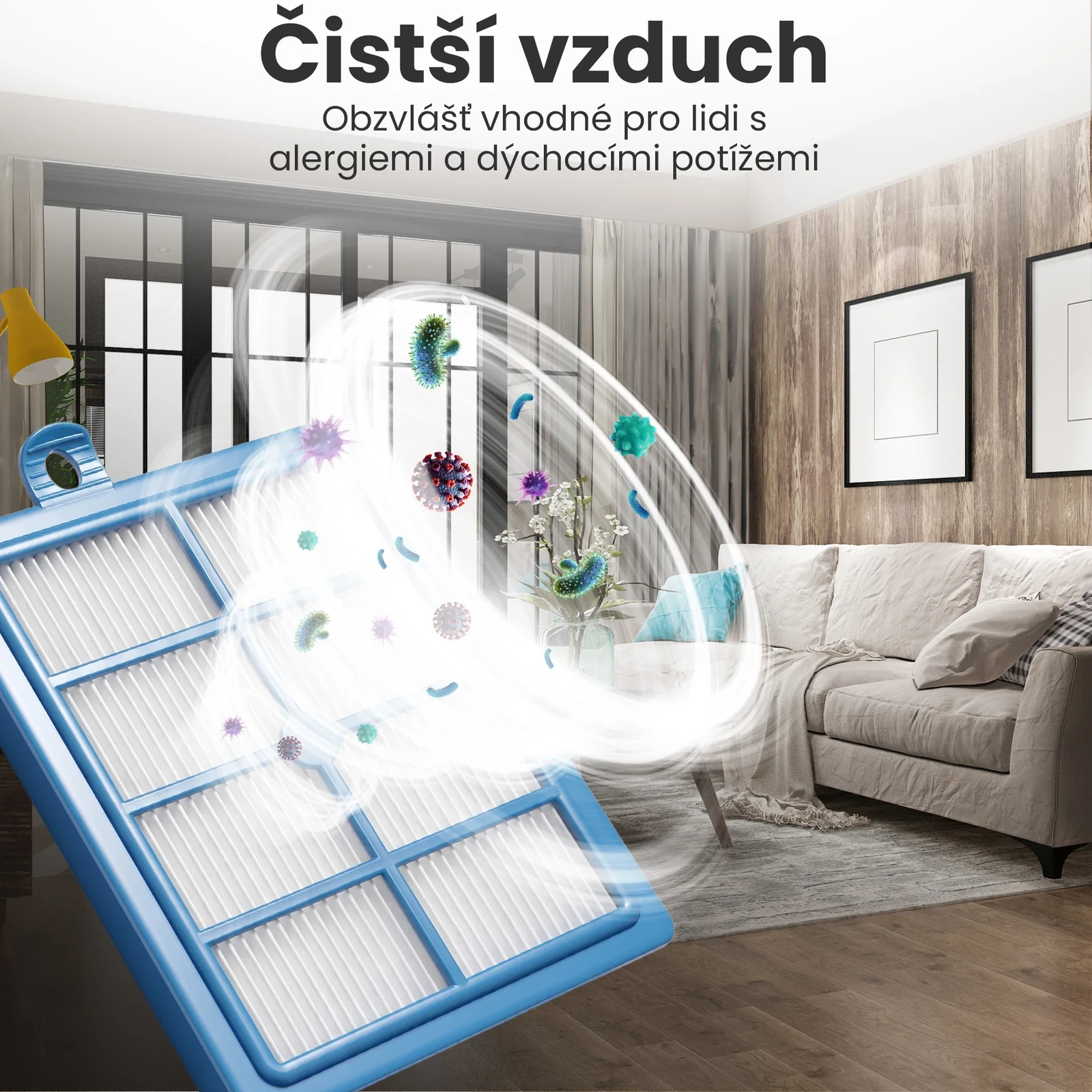 Modr&yacute; vzduchov&yacute; filtr na pozad&iacute; světl&eacute;ho ob&yacute;vac&iacute;ho pokoje