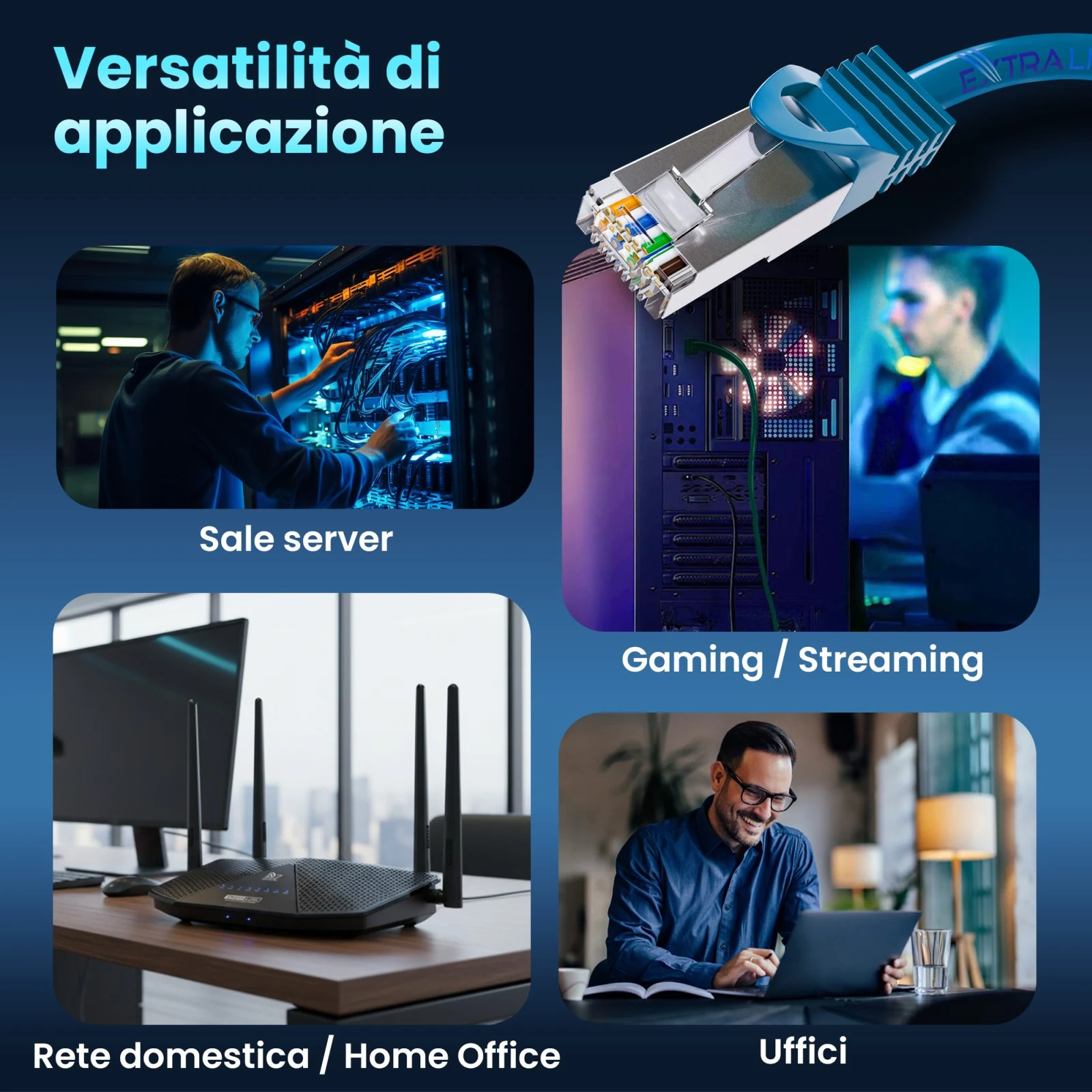 Patchcord blu vicino a server, computer, router e postazione d&rsquo;ufficio