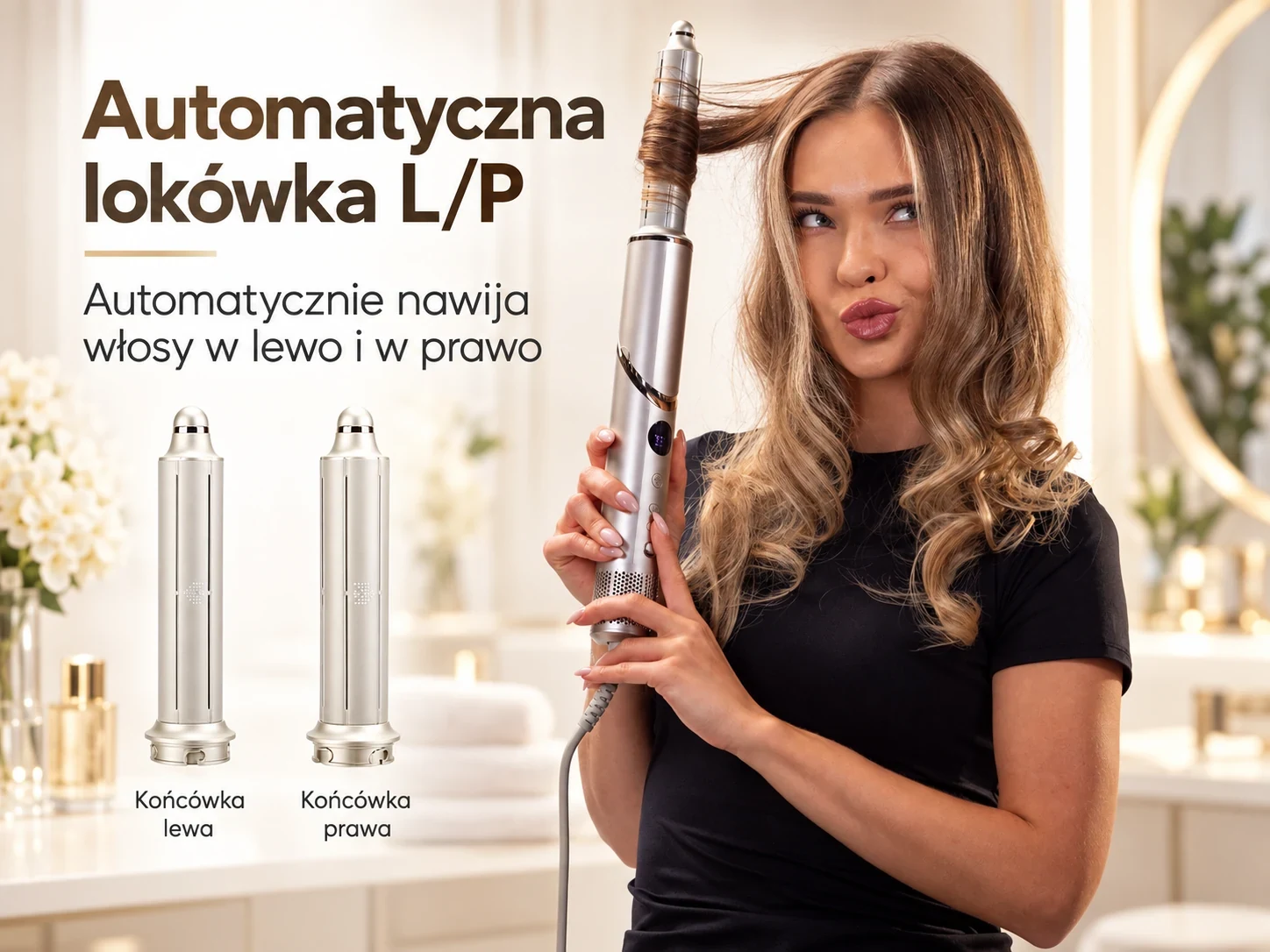 Kobieta trzyma lok&oacute;wko-suszarkę z nawiniętym pasmem i dwiema końc&oacute;wkami do lok&oacute;w
