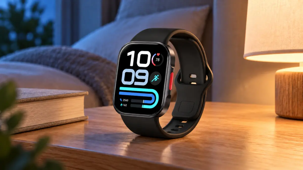 Schwarze Redmi Watch 6 Active Smartwatch auf einem Nachttisch neben einer Lampe und einem Buch
