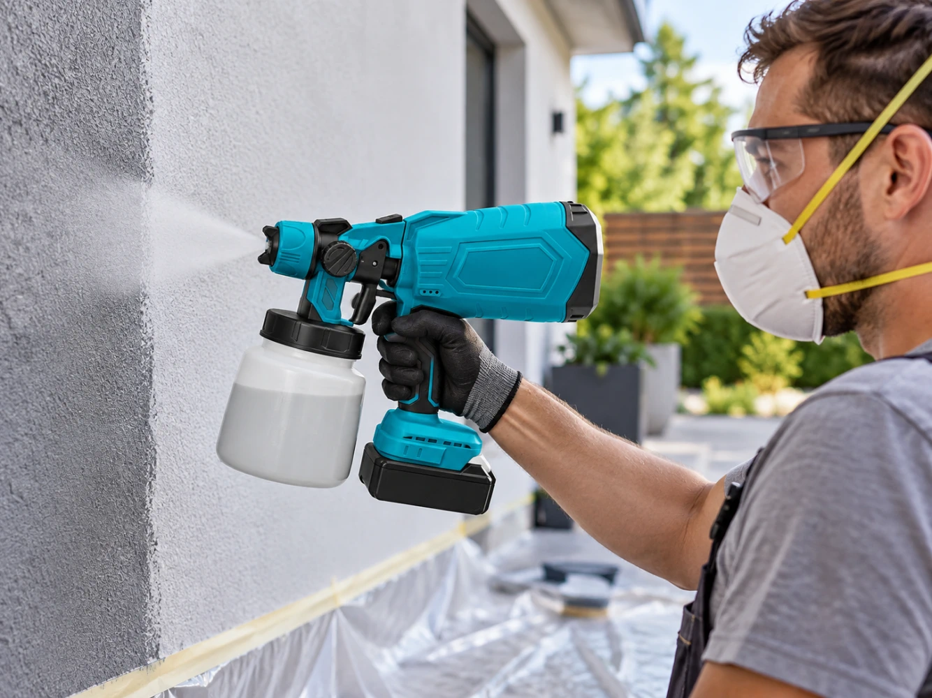 Spray gun with adjustments for material volume and spray width.