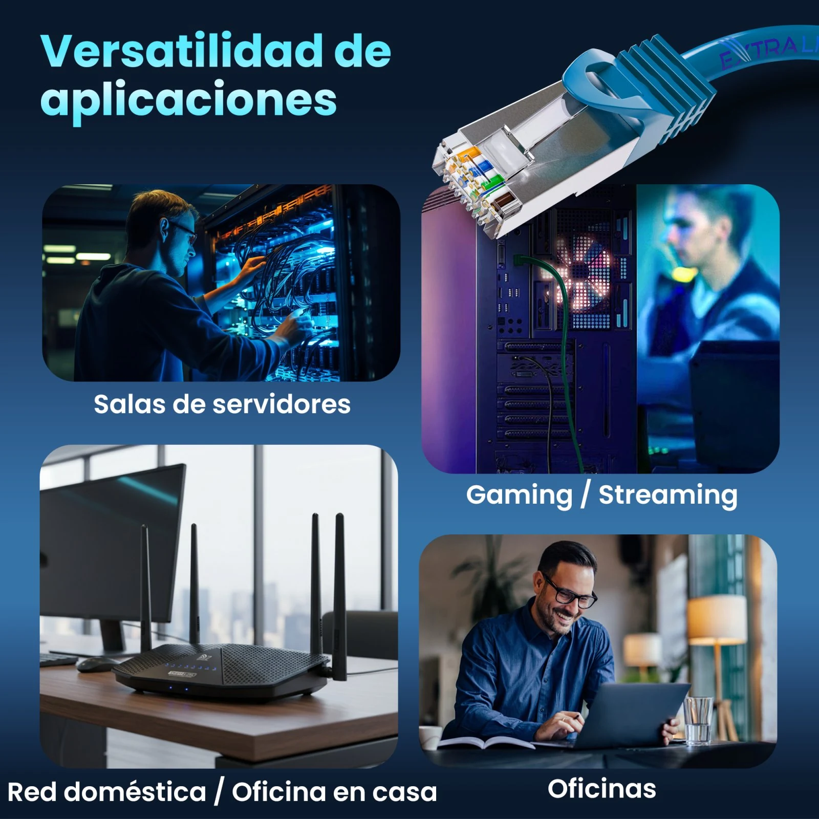 Patchcord azul junto a un servidor, un ordenador, un router y un puesto de oficina