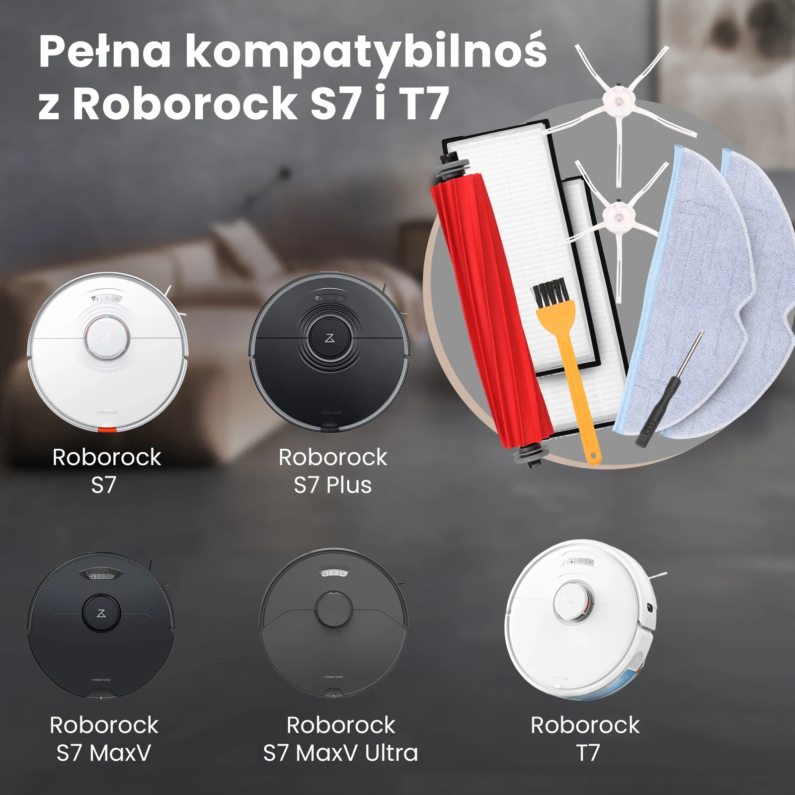 Białe i czarne roboty Roborock oraz zestaw szczotek, filtrów i nakładek mopujących