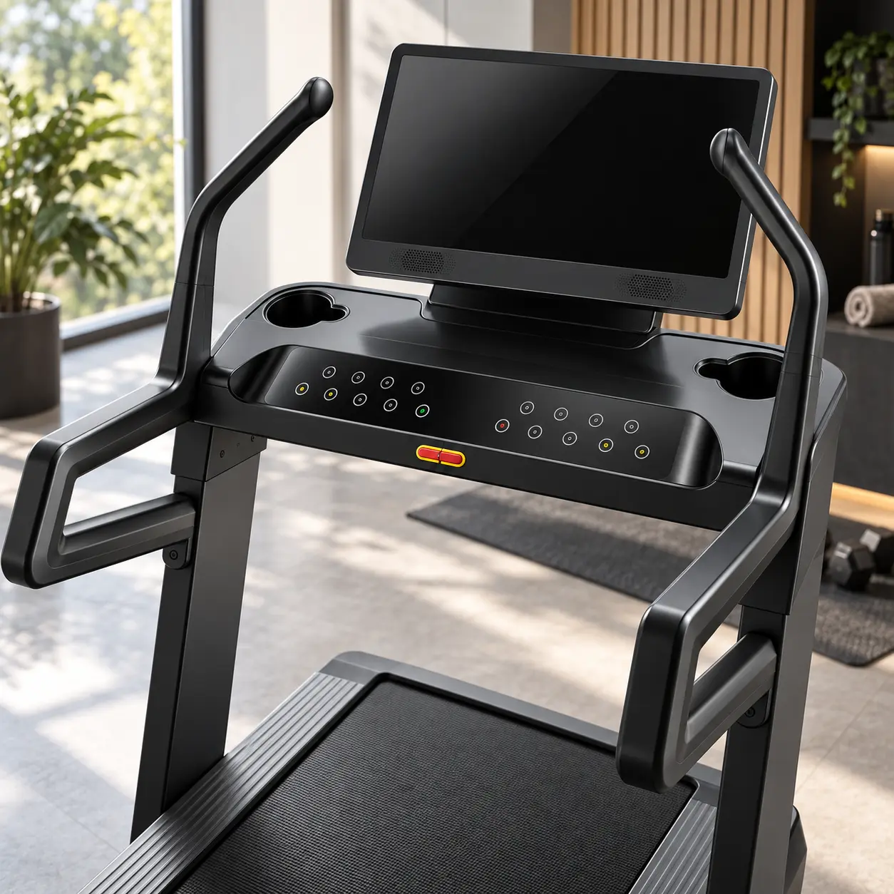Zbliżenie na konsolę bieżni StayFit Vector Pro z dużym ekranem, panelem sterowania i uchwytami.