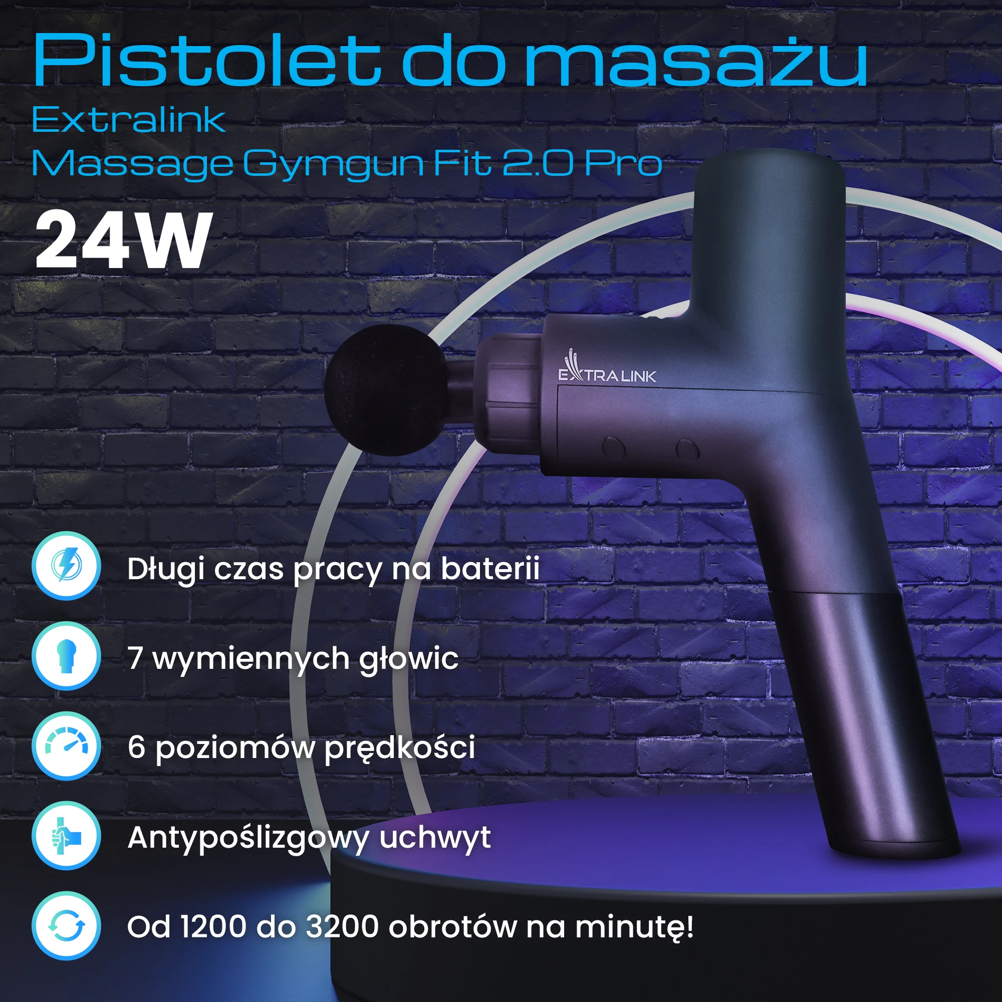 Czarny pistolet do masażu Extralink z okrągłą głowicą na podstawie