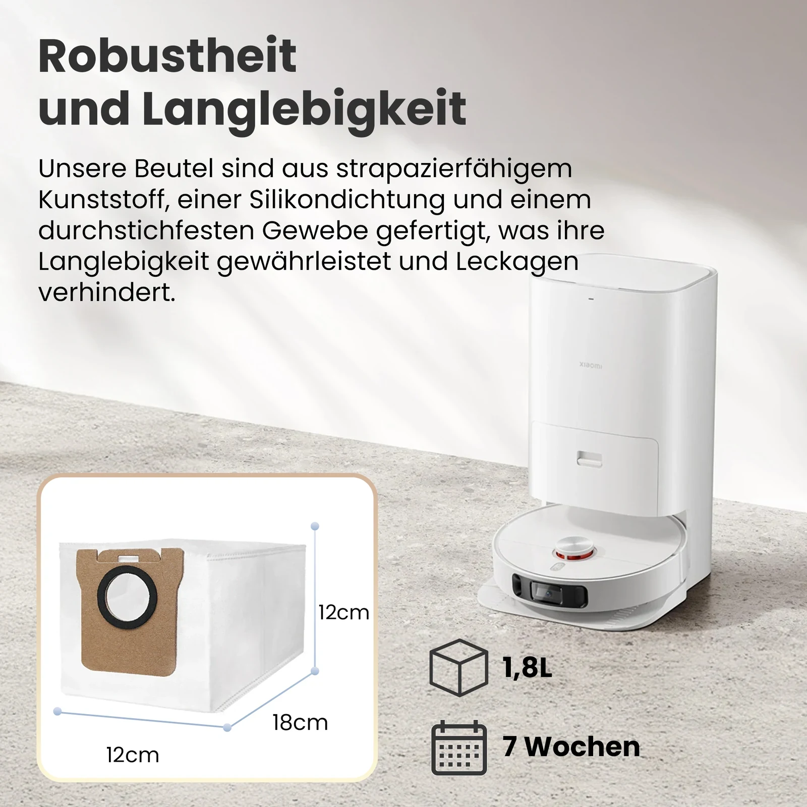 Wei&szlig;er Beutel in der Ladestation eines Xiaomi-Saugroboters mit Nahaufnahme seiner Konstruktion