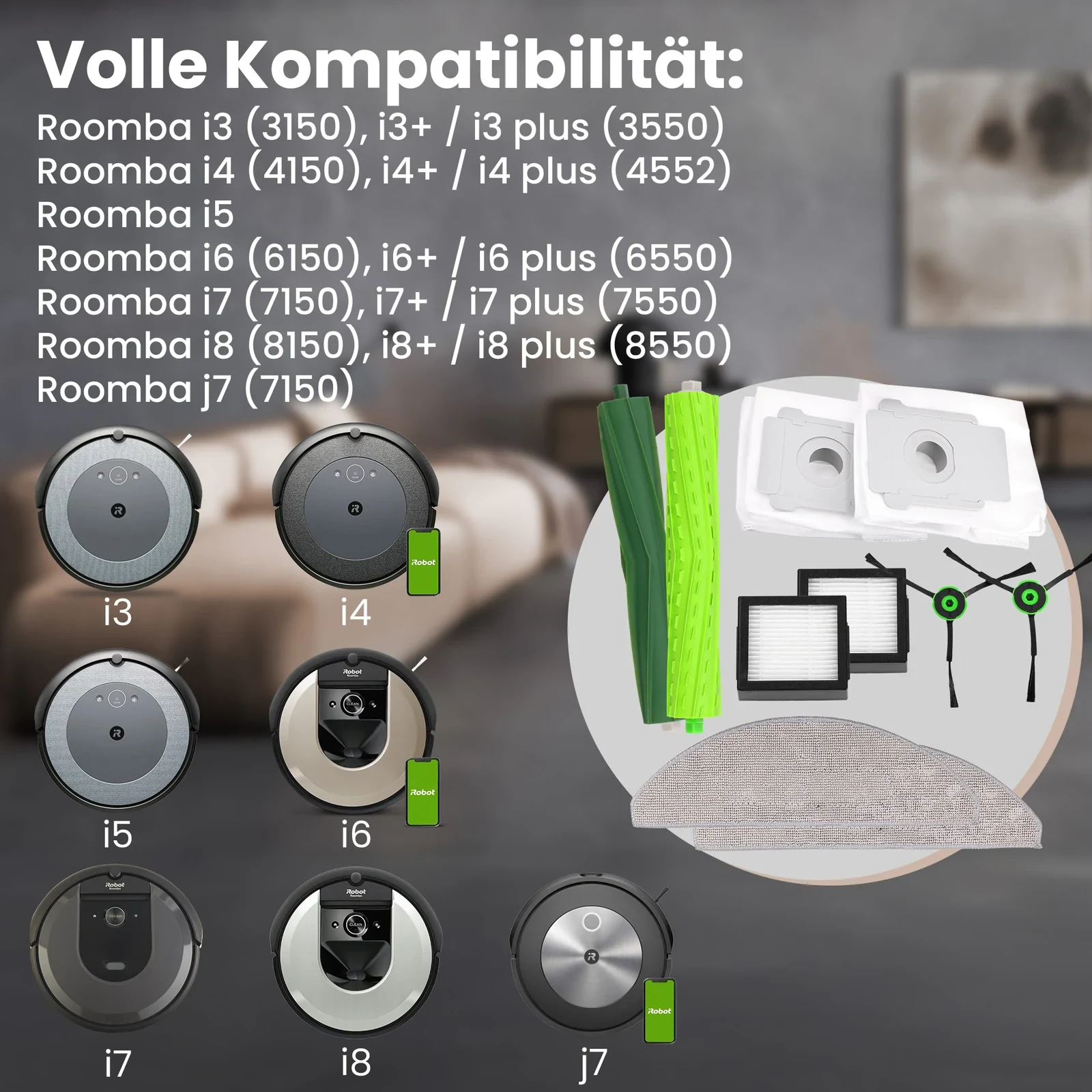 Ersatzteilset neben den iRobot Roomba-Modellen i3, i4, i5, i6, i7, i8 und j7