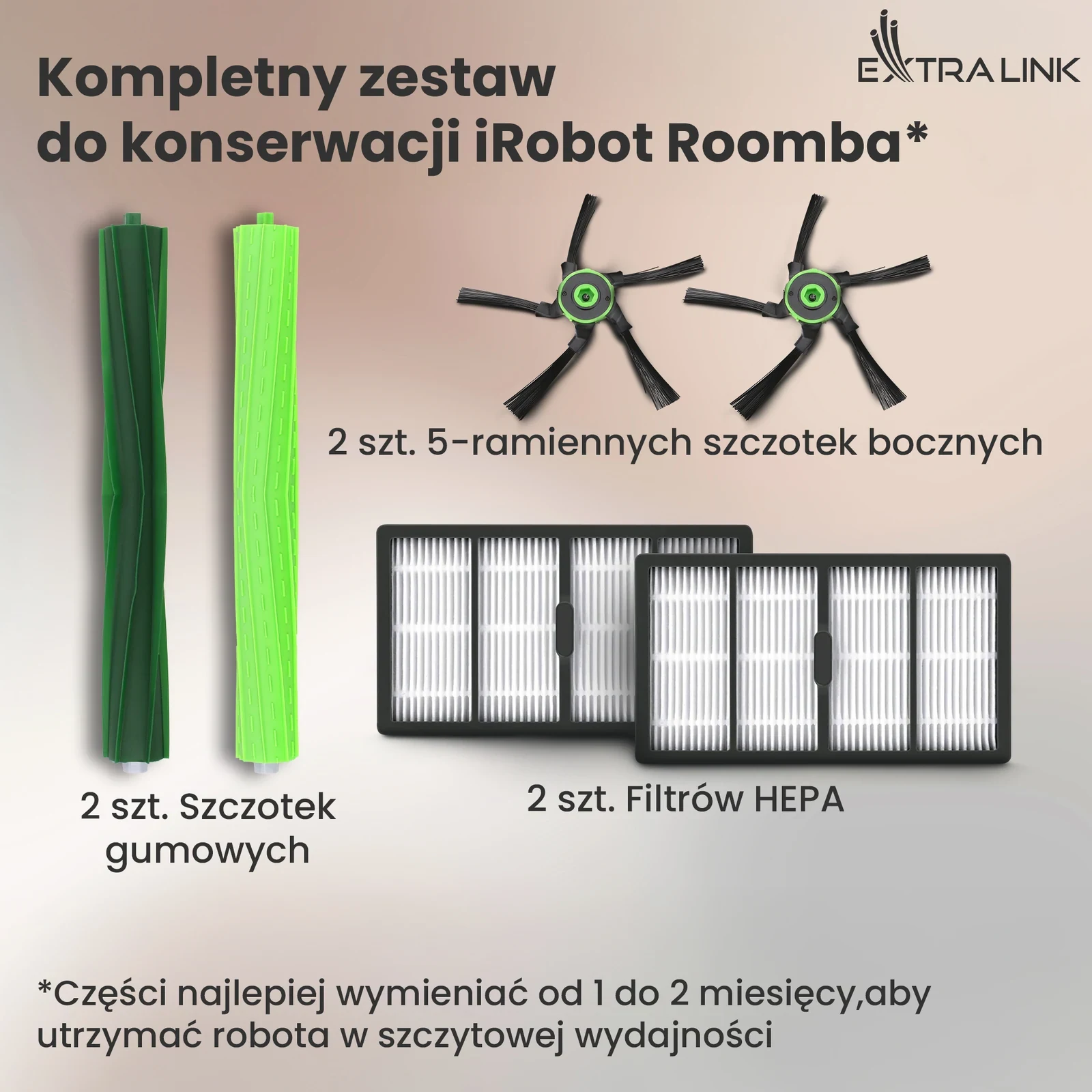 Zestaw części do iRobot Roomba: dwie rolki gumowe, dwie szczotki boczne i dwa prostokątne filtry
