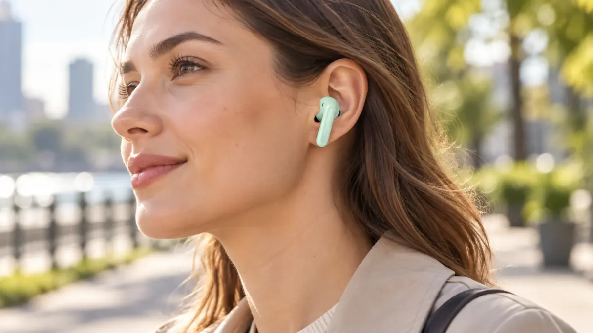 Woman with a mint wireless earbud in her ear against a sunny city promenade background.